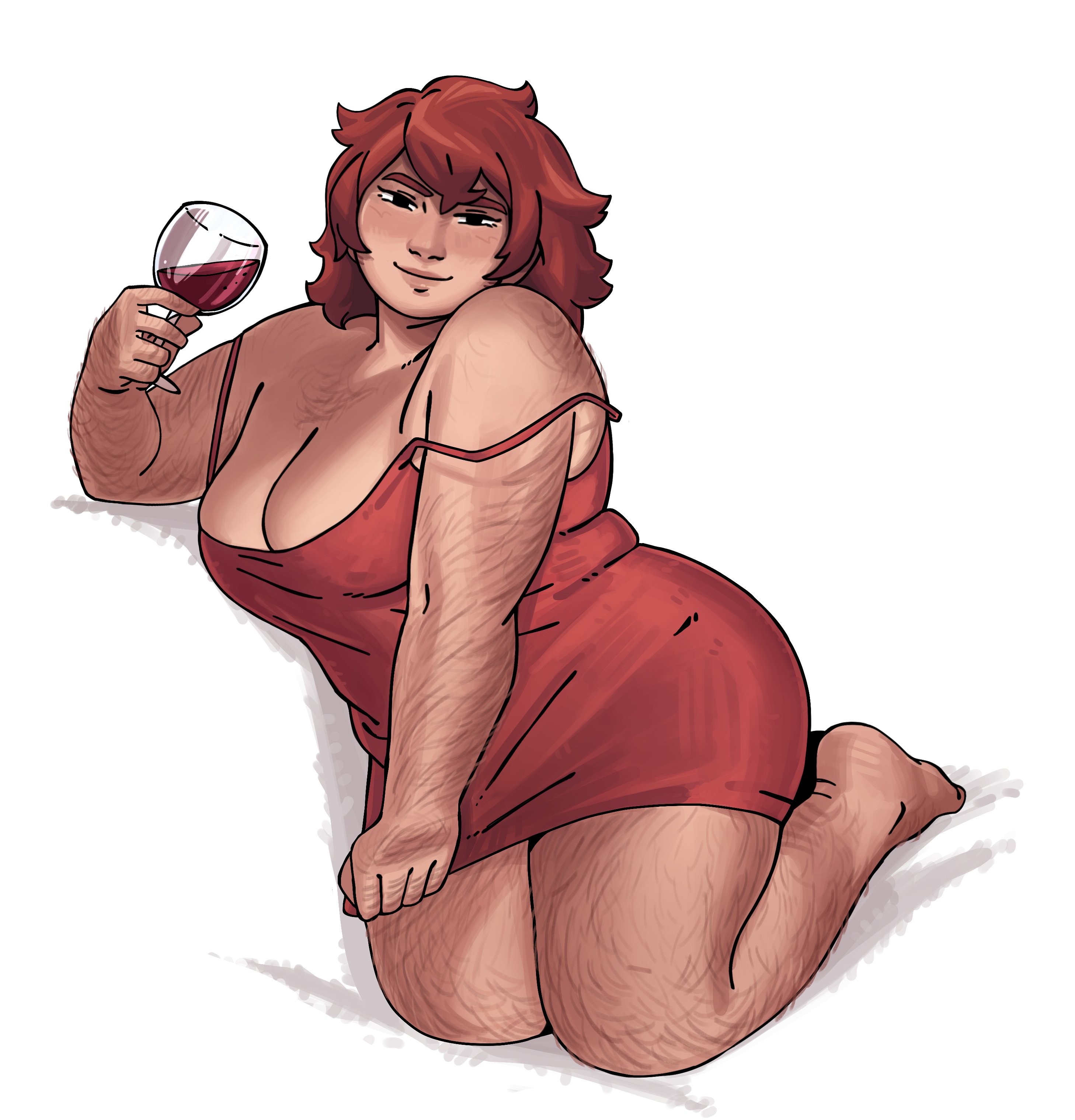 arm hair, armpit hair, body hair, drinking, dungeon meshi, dwarf, dwarf female, earings, female, female chest hair, female leg hair, happy trail, langerie, leg hair, loungewear, namari (dungeon meshi), red hair, viviancore