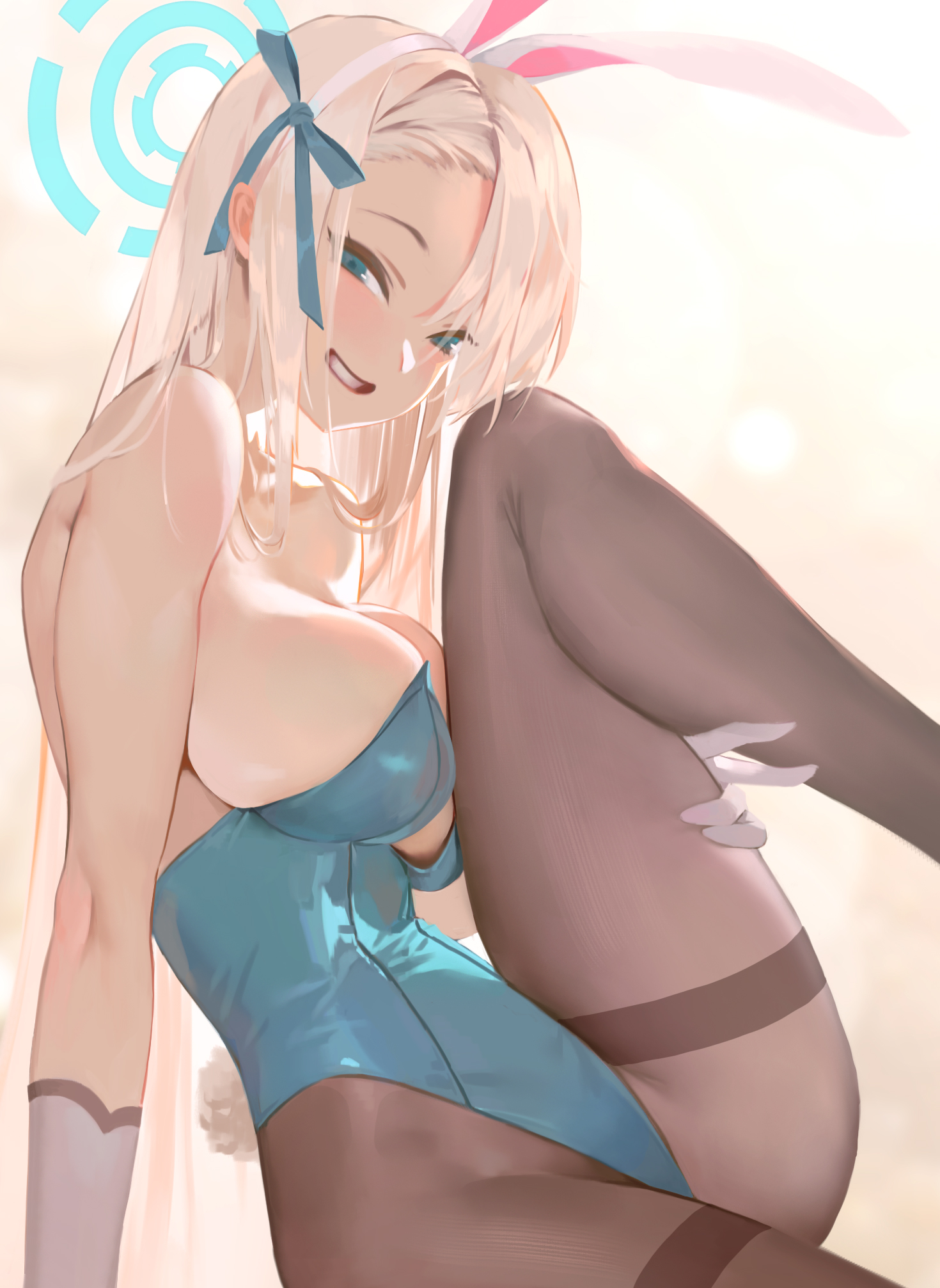 animal ears, asuna (blue archive), asuna (bunny) (blue archive), bare shoulders, blonde hair, blue archive, blue eyes, blue leotard, breasts, bunny ears, bunny tail, bunnysuit, fake animal ears, female, female only, grin, halo, highleg, highleg leotard, highres, large breasts, leg up, leotard, looking at viewer, midfinger, official alternate costume, pantyhose, rabbit ears, sitting, smile, solo, strapless, strapless leotard, thighband pantyhose