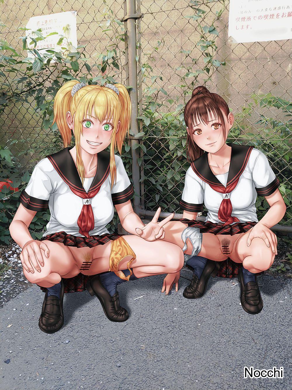2d, 2d (artwork), 2d artwork, 2girls, arm support, blonde eyebrows, blonde female, blonde hair, blonde hair female, blonde-haired female, breasts, brown eyebrows, brown eyes, brown hair, brown-eyed female, brown-haired female, calves, clitoral hood, closed mouth smile, collarbone, digital, digital art, digital drawing, digital drawing (artwork), digital media, digital media (artwork), female, female focus, female only, female pubic hair, fingernails, fingers, full body, green eyes, green-eyed female, groin, high resolution, high school student, highres, knees, labia majora, lean figure, legs, legs apart, legs folded, legs spread, light smile, long hair, looking at viewer, medium breasts, multiple females, multiple girls, narrow waist, nervous, nervous expression, nervous face, nervous female, nervous smile, nocchi, original, original art, original artwork, original character, outdoor, outdoor nudity, outdoors, outside, parted lips, peace sign, ponytail, posing, posing for the viewer, pubes, pubes exposed, pubic hair, pussy hair, school girl, school girls, shaped pubic hair, shoulders, shy, shy expression, shy female, shy girl, shy smile, sidelocks, sign, skirt lift, skirt up, slender body, slender waist, slim waist, smile, smiley face, smiling, smiling at viewer, sparse pubic hair, spread legs, spreading legs, spreading thighs, squat, squatting, squatting female, teen girl, teenage girl, teenage girls, teenage pussy, teenager, thighs, twintails, twintails (hairstyle), v, v sign, young female, young woman
