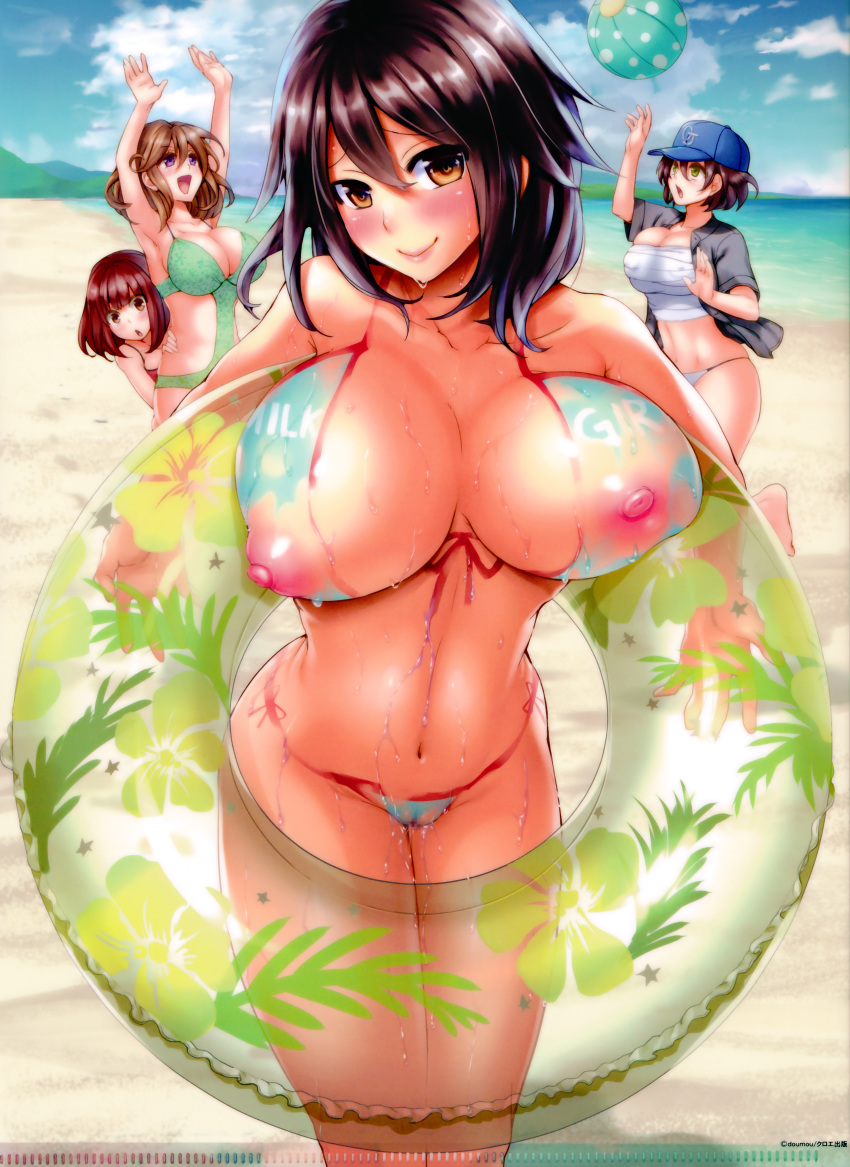 4girls areolae arms_up artist_name ball baseball_cap beach bikini blush bodypaint breasts brown_eyes brown_hair censored cloud doumou erect_nipples green_bikini green_eyes hat high_resolution huge_breasts huge_filesize innertube large_areolae large_breasts looking_at_viewer multiple_girls nipples nude open_clothes open_jacket open_mouth original paint painted_clothes pink_swimsuit purple_eyes pussy red_eyes red_hair sarashi scan short_hair sky smile swimsuit wet white_bikini white_swimsuit