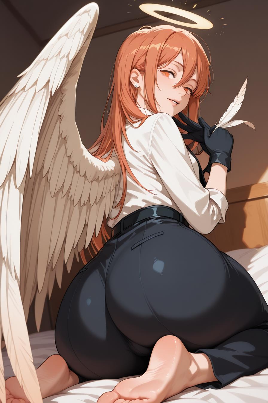 1boys, 2025, ai generated, alternate version available, angel devil (chainsaw man), angel wings, ass, ass focus, barefoot, bed, black gloves, black pants, bubble ass, bubble butt, bulge, chainsaw man, ear piercing, femboy, gloves, halo, hi res, high quality, highres, huge ass, long hair, on bed, orange eyes, orange hair, otoko no ko, panties, pants, penis bulge, pillow, red hair, shirt, suit, thick thighs, tight pants, trap, velutinx, white shirt, white wings, yaoi