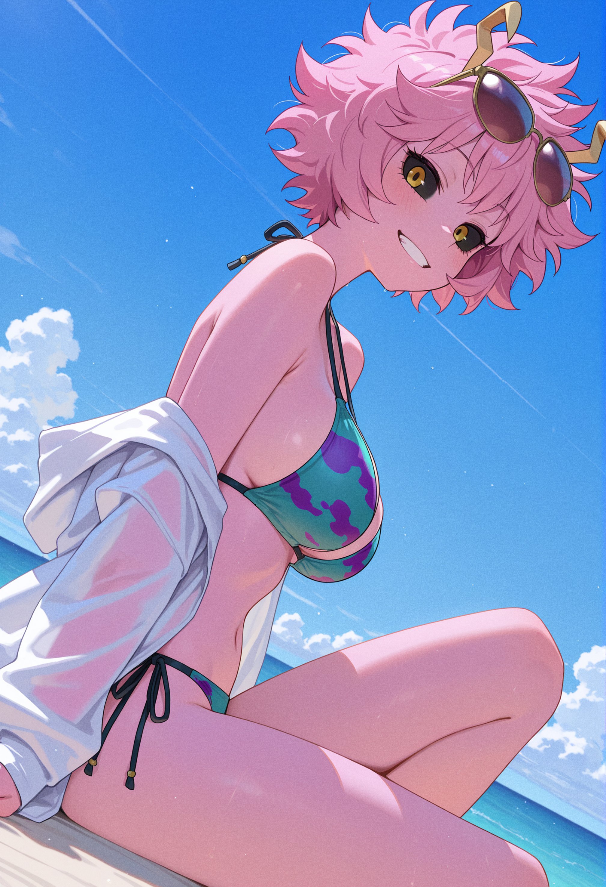 1girls, ai generated, bare shoulders, beach, bikini, black sclera, blue sky, breasts, day, eyewear on head, female, green bikini, grin, horns, large breasts, looking at viewer, messy hair, mina ashido, my hero academia, ocean, off shoulder, outdoors, owari wan, pink hair, pink skin, pink-haired female, short hair, side-tie bikini, sitting, sky, smile, solo, sunglasses, swimsuit, yellow eyes