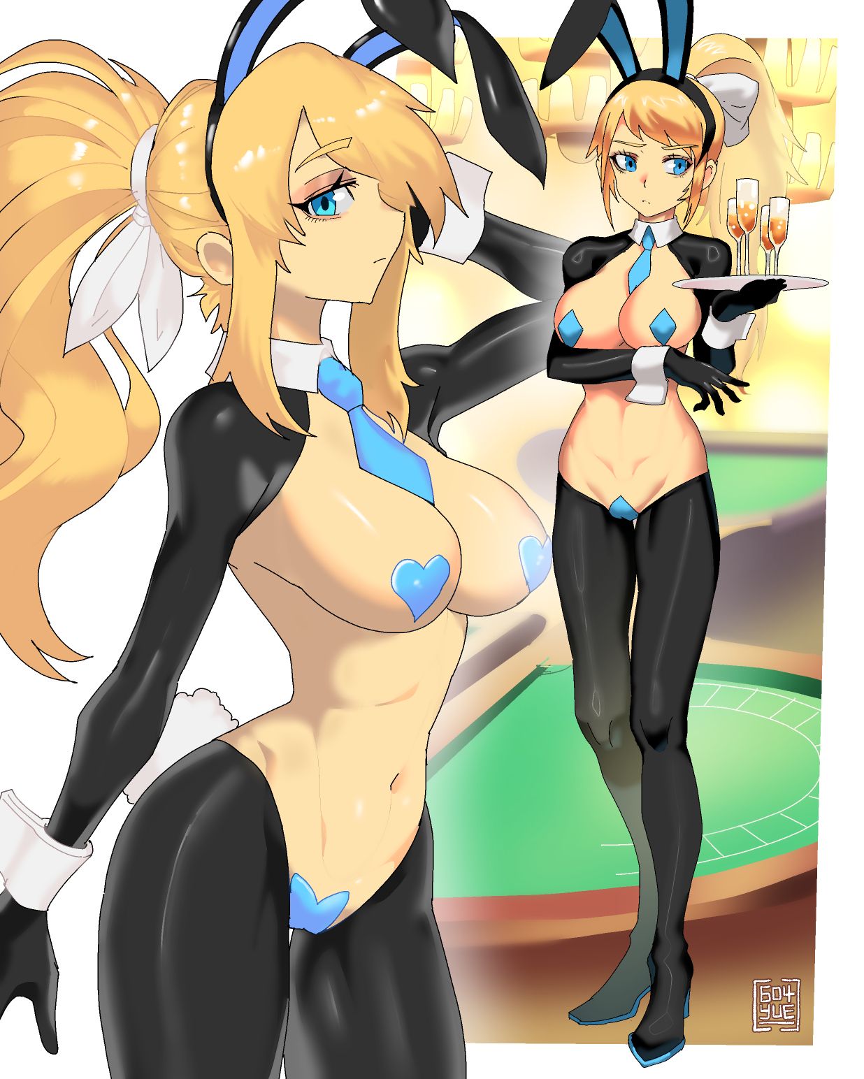 1girls, 604yue, barely clothed, belly, belly button, blonde hair, blue eyes, breasts, bunny ears, bunnysuit, female, female only, functionally nude, functionally nude female, high heels, maebari, metroid, multiple views, necktie, nintendo, pasties, reverse bunnysuit, reverse outfit, samus aran, tagme, thighhighs, waitress