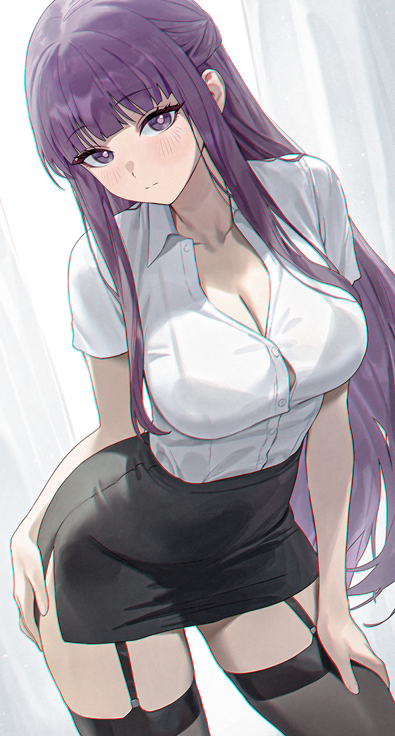 1girls, absurdres, ai generated, ai-assisted, alternate costume, amiki yuzuru, bent over, black skirt, black thighhighs, bra visible through clothes, breasts, cleavage, collared shirt, commentary, female, female only, fern (sousou no frieren), hand on own hip, hand on own thigh, highres, legwear garter, light blush, long hair, purple eyes, purple hair, shirt, sidelocks, simple background, skirt, solo, sousou no frieren, thighhighs, white shirt, window blinds
