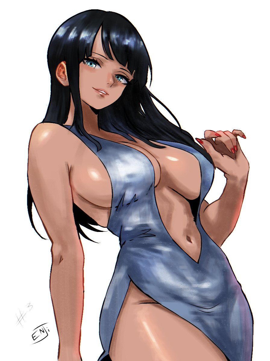 1girls, alternate costume, artist name, bare shoulders, big breasts, black hair, black-haired female, blue eyes, breasts, center opening, cleavage, commentary, dress, english commentary, enji masterpie, female, female only, hand up, highres, hourglass figure, huge breasts, large breasts, long hair, looking at viewer, nail polish, navel, nico robin, no bra, no panties, one piece, parted lips, red nails, revealing clothes, shiny skin, sideboob, silver dress, smile, solo, solo female, standing, tight clothing, wide hips