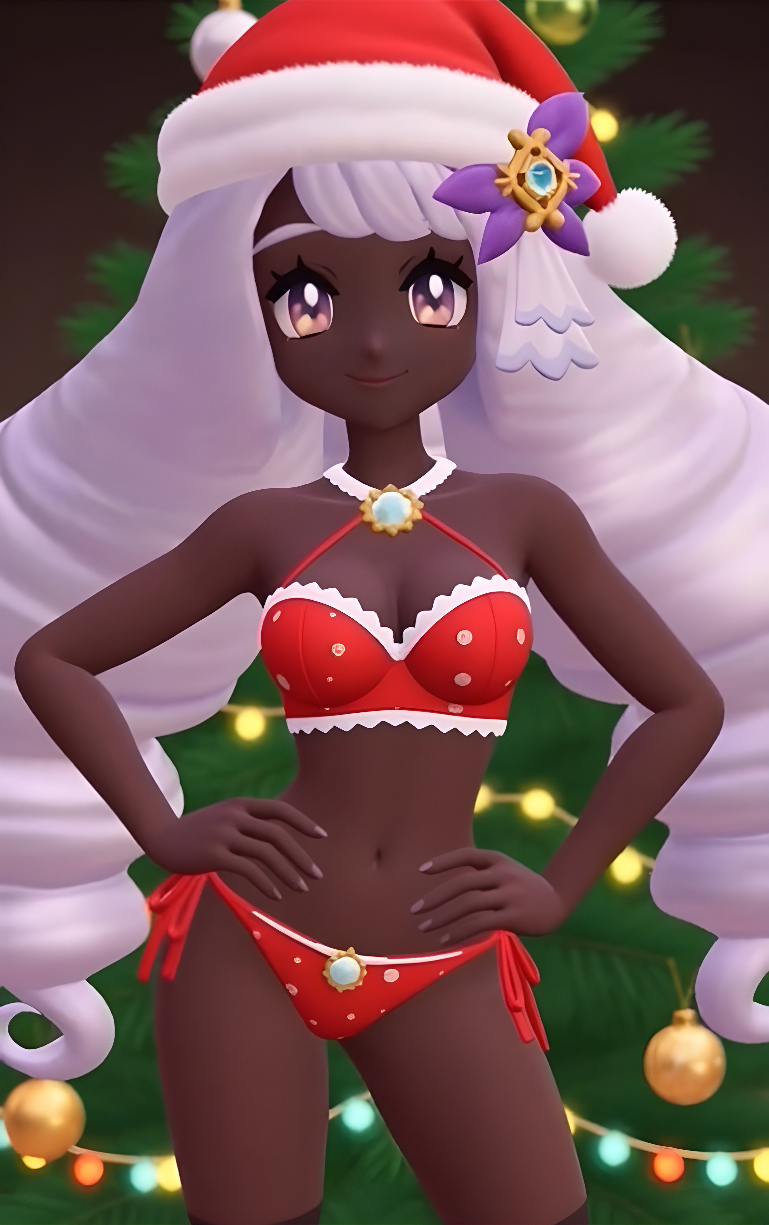 3d, ai, ai assisted, belly button, bra, christmas, christmas bra, christmas decorations, christmas hat, christmas headwear, christmas panties, christmas tree, creatures (company), creatures inc., dark skin, dark-skinned female, female, female focus, female only, game freak, hands on hips, holidays, jacinthe (pokemon), long hair, looking at viewer, merry christmas, navel, panties, pokemon, pokemon (game), pokemon legends z-a, pokemon legends: z-a, purple eyebrows, purple eyes, purple hair, quinzo11, red bra, red panties, santa hat, self upload, smile, smiling, the pokemon company, yukari (pokemon)
