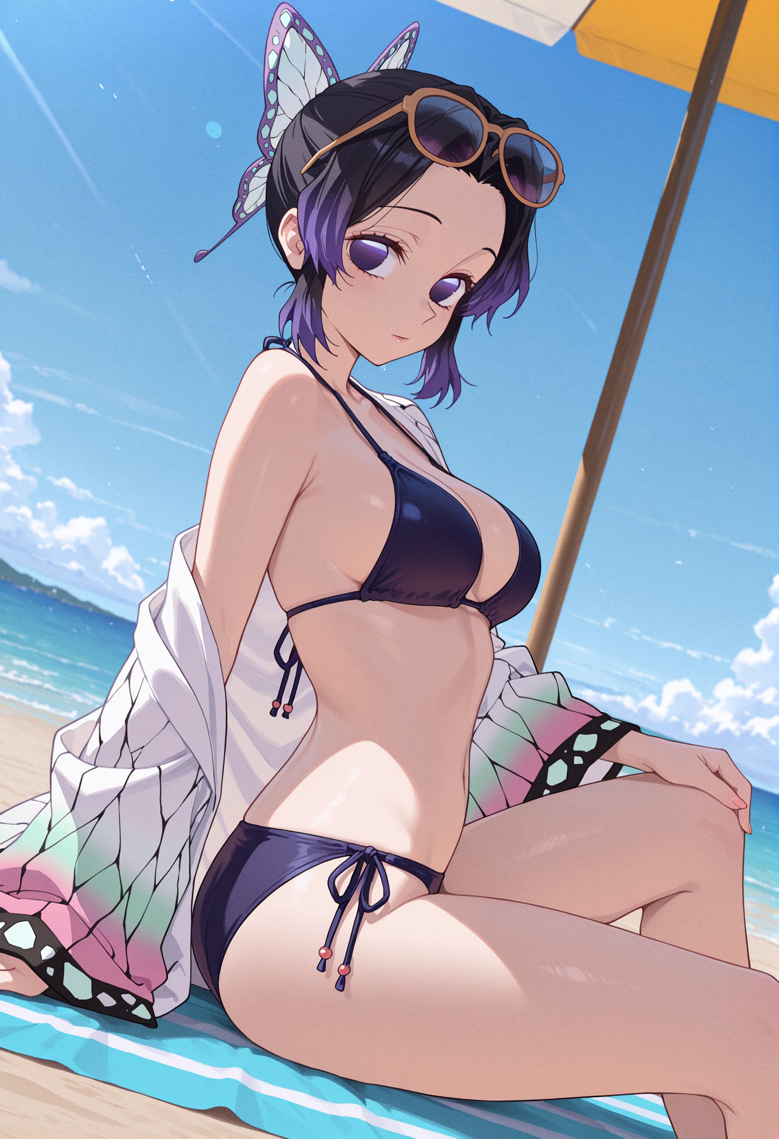 1girls, ai generated, beach, bikini, black bikini, blue sky, breasts, butterfly hair ornament, cleavage, cloud, day, eyewear on head, female, forehead, hair ornament, kimetsu no yaiba, kochou shinobu, looking at viewer, medium breasts, ocean, outdoors, owari wan, purple bikini, purple eyes, purple hair, sand, short hair, side-tie bikini, sitting, sky, solo, sunglasses, swimsuit, umbrella, water