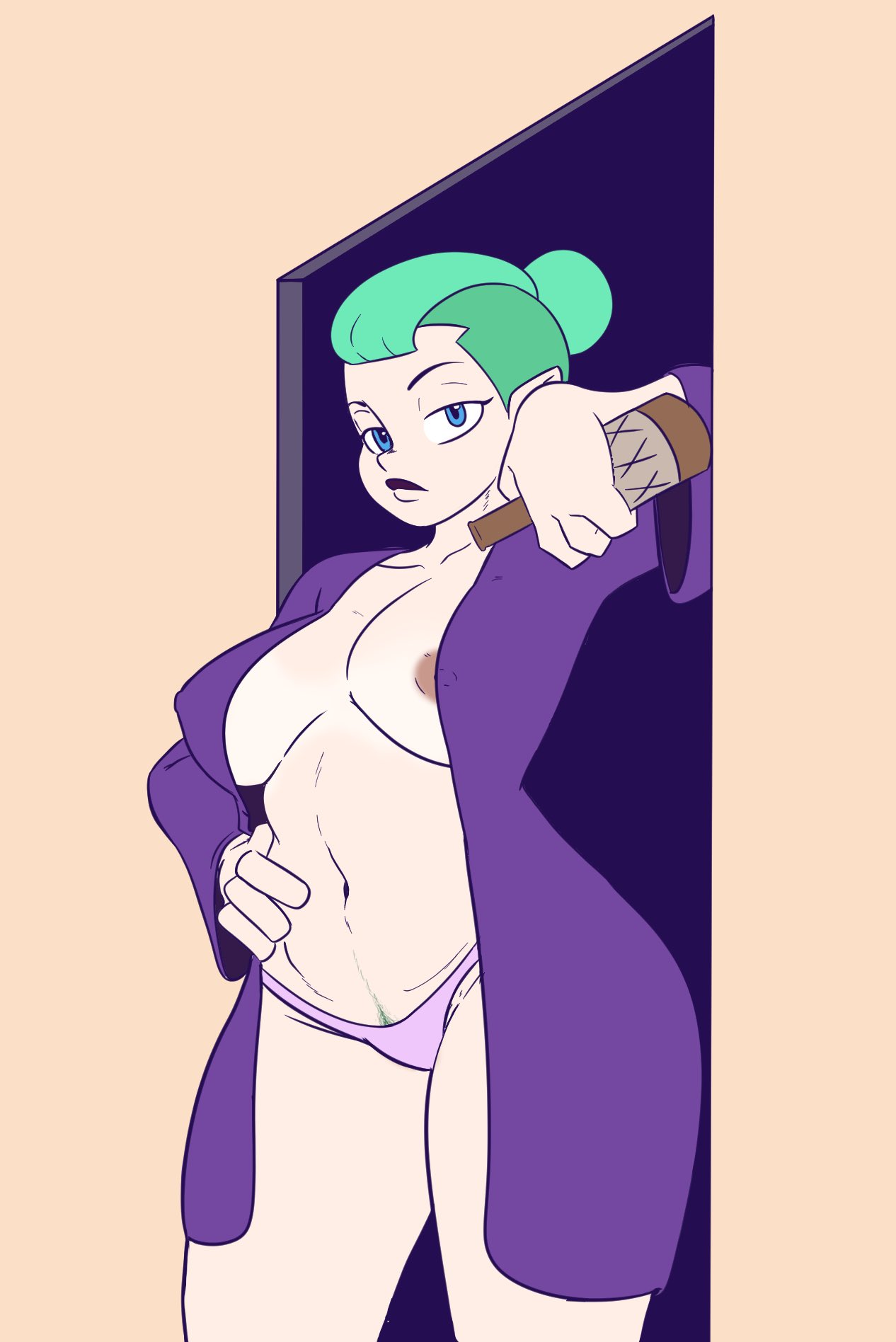1girls, alcohol bottle, areolae, bathroom, big breasts, blue eyes, breasts, female, female only, green hair, hair bun, happy trail, klassyarts (artist), light-skinned female, mature female, milf, mother, nipple slip, nipples, odalia blight, panties, pubic hair, pubic hair peek, solo, the owl house