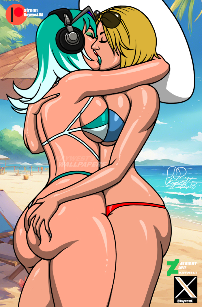 2girls, ass focus, ass grab, bikini, crossover, dc, dc comics, female, female only, injustice 2, kara danvers, kara zor-el, kaywest, kissing, lesbian kiss, luna snow, luna snow (cool summer), luna snow (marvel rivals), marvel, marvel comics, marvel rivals, shiny skin, supergirl, supergirl (injustice), superman (series), swimsuit, wet, yuri