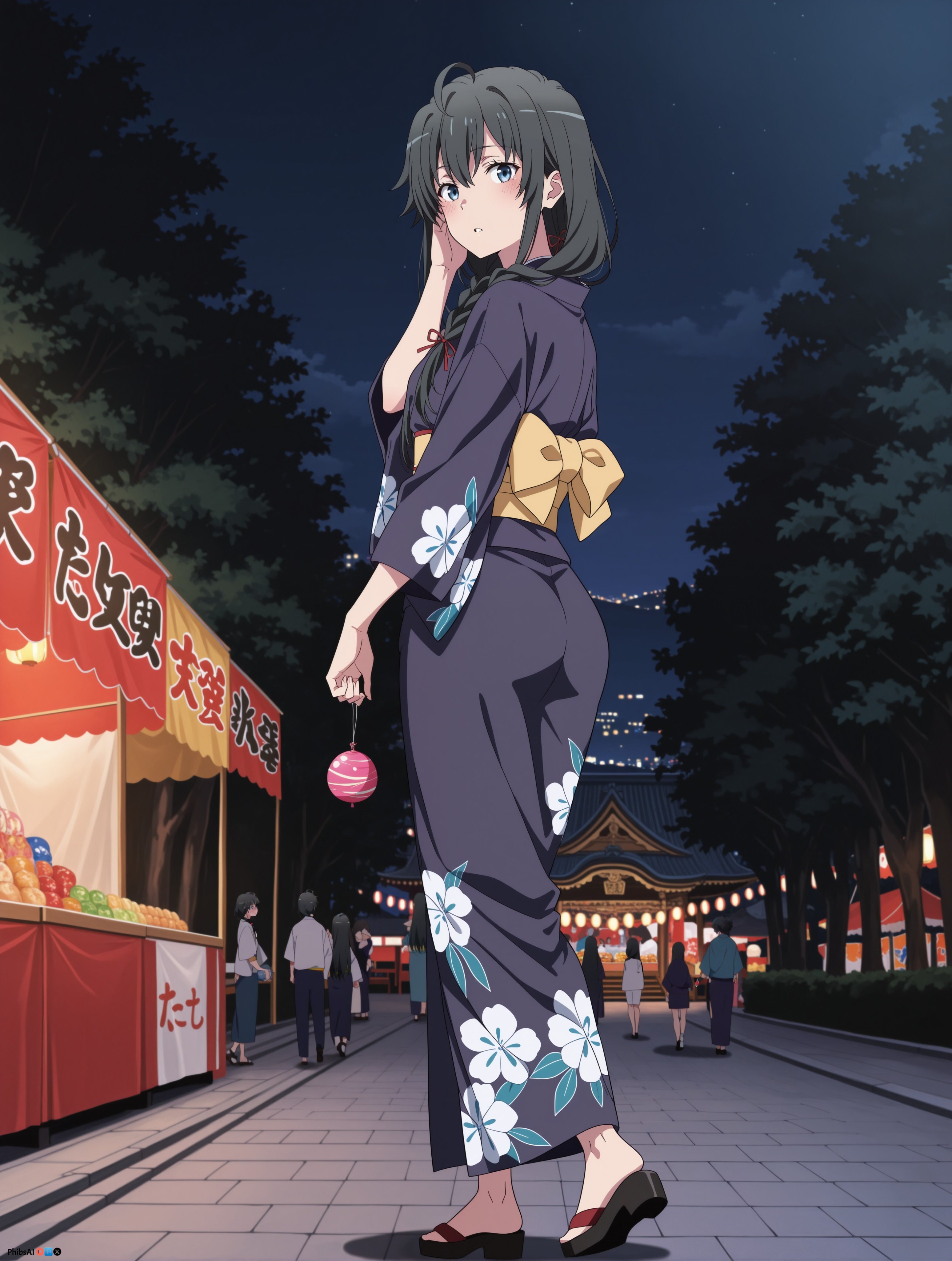 ahoge, ai generated, bell pepper, black hair, blue eyes, blush, candy apple, cloud, eyebrows visible through hair, female, floral print, food, full body, japanese clothes, kimono, long hair, looking at viewer, looking back, my teen romantic comedy snafu, night, night sky, obi, outdoors, phibsai, sandals, sash, sky, solo, standing, tomato, tree, yukata, yukinoshita yukino