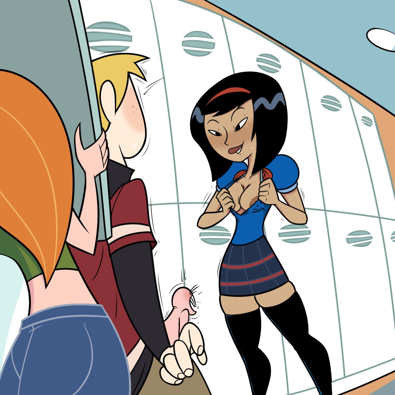 1boy, 2girls, asian, asian female, black hair, black socks, breasts, female, flashing, flashing breasts, hairband, kim possible, kimberly ann possible, male, multiple girls, nipples, orange hair, public, public exposure, ron stoppable, socks, terrible the drawfag, thigh socks, thighhighs, yori (kim possible)