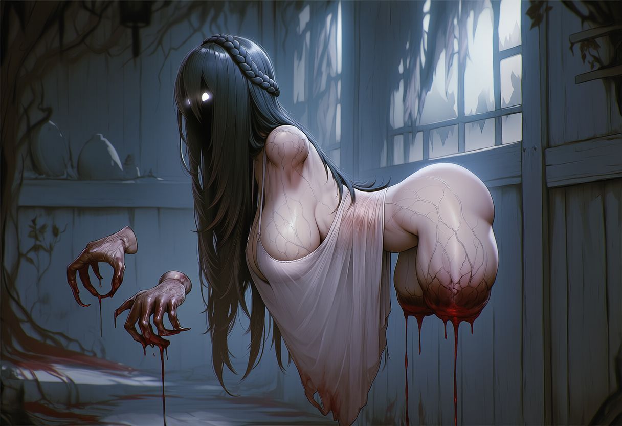 1girls, ai generated, amputee, black face, black hair, bleeding, blood, blood drip, braid, breasts, claws, clothed, disembodied hands, female, floating hands, ghost, ghost girl, glowing eyes, grey skin, hair over face, horror, horror (theme), kera (paigen), large breasts, lingerie, long hair, monster girl, necrophilia, negligee, nightgown, no arms, no legs, obscured face, original, original character, paigen, quadruple amputee, sharp nails, undead, veins, white eyes