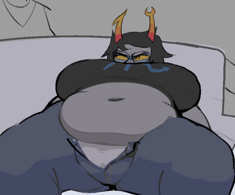 annoyed, annoyed expression, big breasts, breasts, candy corn horns, chubby, chubby female, couch, exposed belly, female, homestuck, homestuck troll, horn, horns, jeans, laying down, laying on couch, obese, obese female, s squant, shirt, solo, tagme, troll, troll (homestuck), troll female, unzipped, unzipped pants, vriska serket