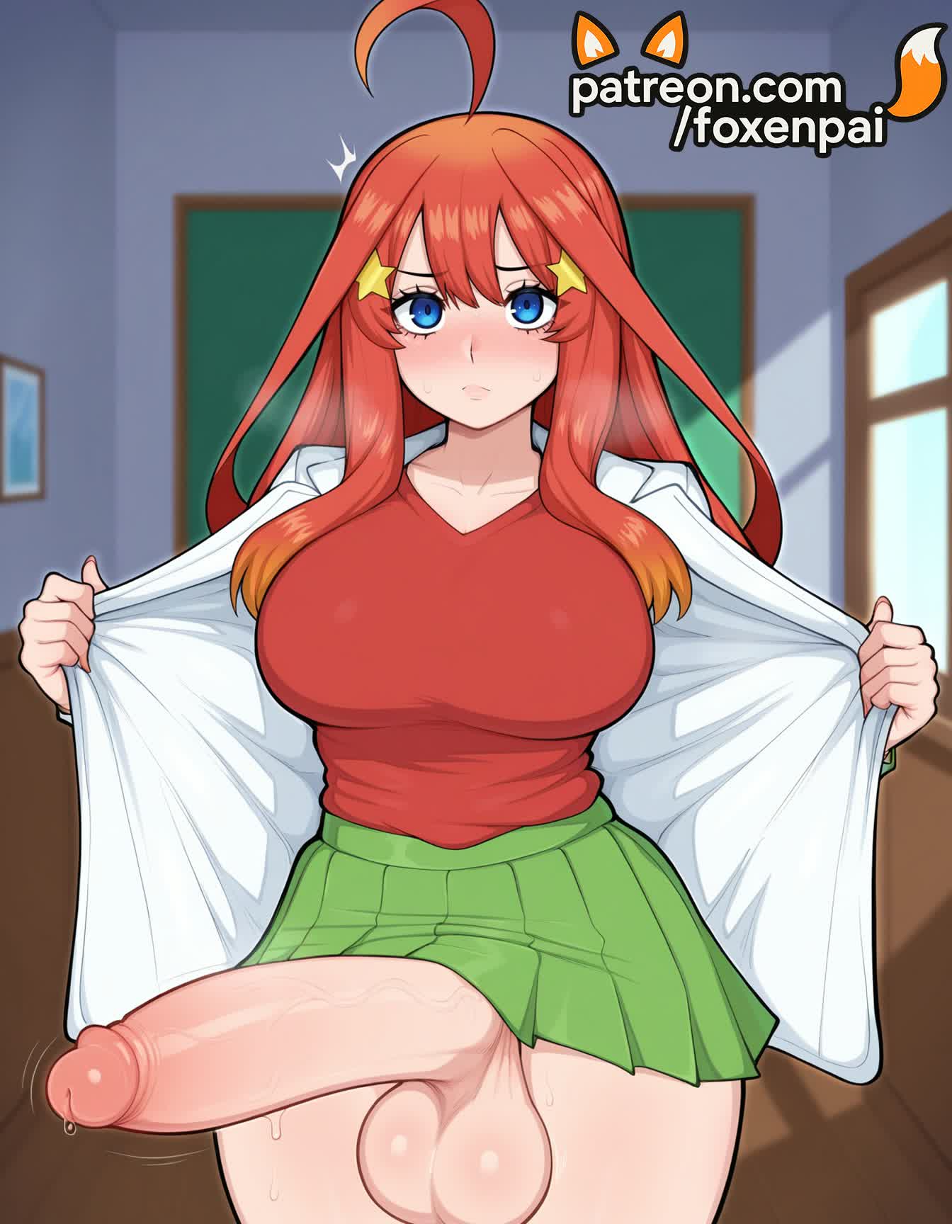 1futa, 2026, ahoge, ai generated, anger vein, artist name, big balls, big breasts, big chest, blue eyes, blush, bouncing penis, breasts, bust, busty, chest, clothes lift, cock, cum, dick, ejaculation, erection, foxenpai, futanari, go-toubun no hanayome, hair ornament, hi res, high quality, high resolution, highres, huge, huge cock, indoors, large breasts, large penis, large testicles, long hair, nakano itsuki, newhalf, patreon, patreon username, penis, pleated skirt, precum, red hair, saint quartz (fate), shirt, skirt, skirt lift, solo, stable diffusion, star (symbol), star hair ornament, star pasties, starfish, sweat, testicles, twitching penis, uncensored, veins, veiny penis, watermark, white shirt