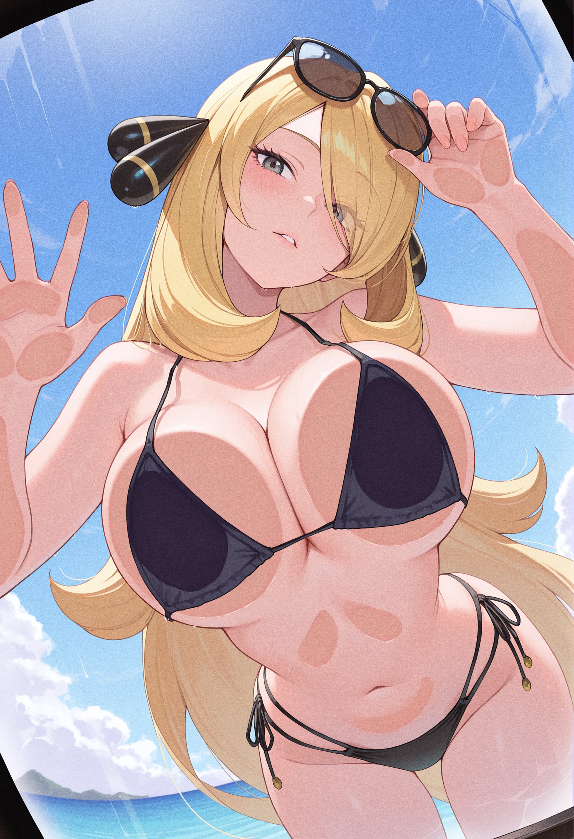 1girls, ai generated, bangs, beach, bikini, black bikini, blonde hair, blue sky, blush, breast press, breasts, cleavage, cloud, cynthia (pokemon), day, eyewear on head, female, grey eyes, hair ornament, hair over one eye, large breasts, long hair, looking at viewer, navel, ocean, outdoors, owari wan, parted lips, pokemon, pokemon dppt, side-tie bikini, sky, smile, solo, sunglasses, swimsuit