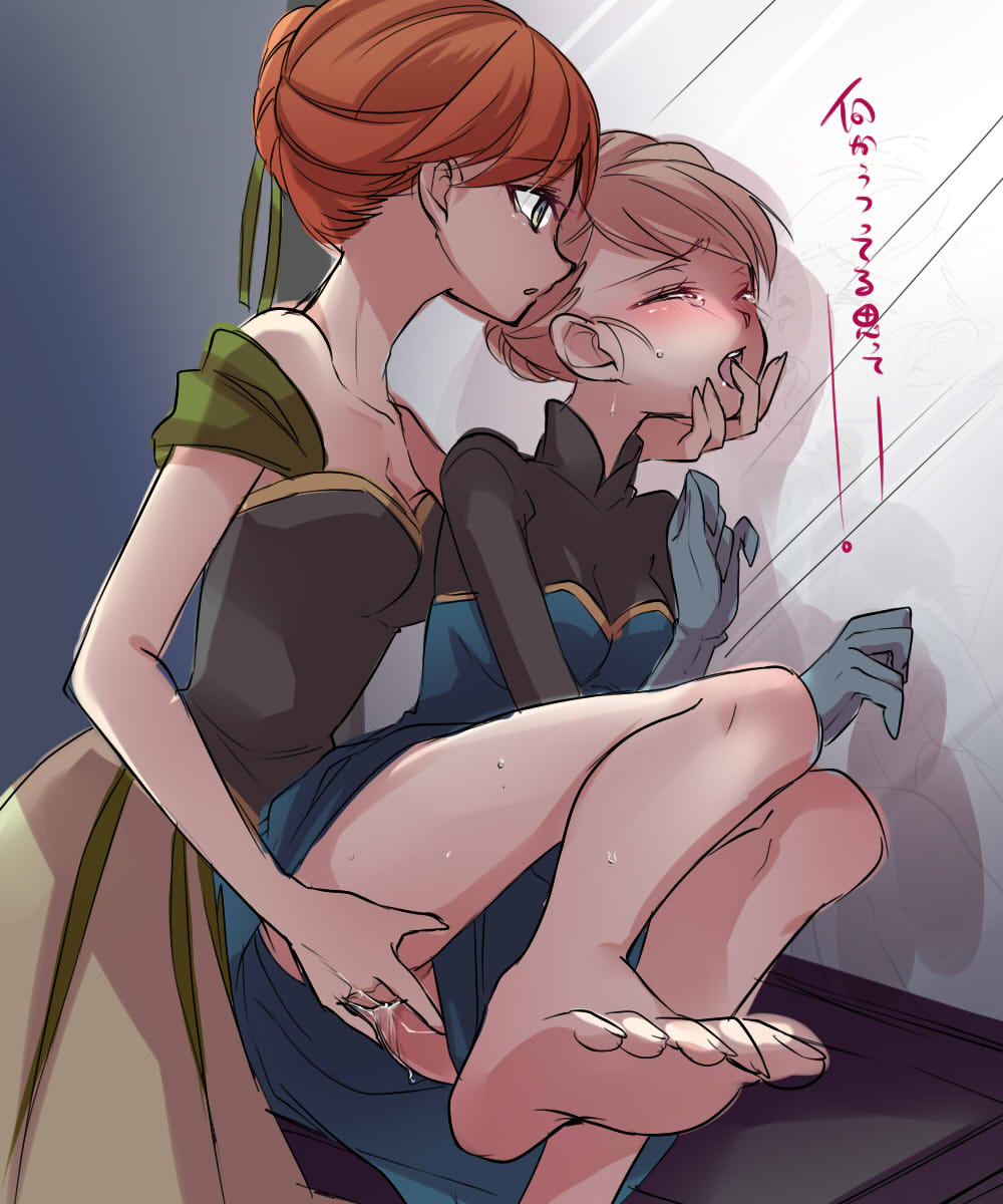 2girls, anna (frozen), barefoot, blonde hair, blush, brown hair, closed eyes, disney, disney princess, dress, elsa (frozen), feet, female, female only, finger in mouth, fingering, frozen (film), green eyes, human, incest, kokuchuutei, multiple females, multiple girls, open mouth, pussy, pussy juice, rough sketch, siblings, sisters, tears, yuri