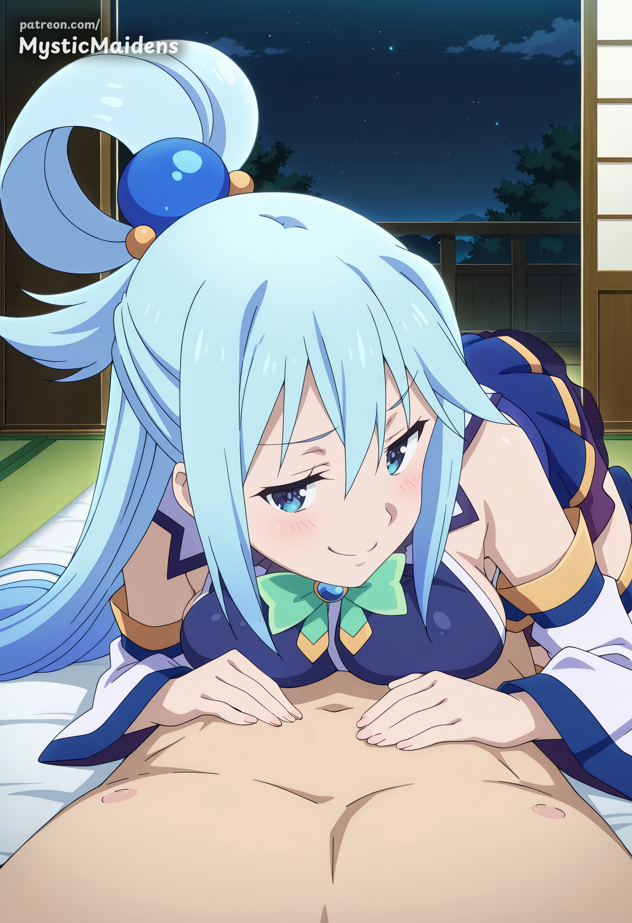 1boy, ai generated, anime, anime style, aqua (konosuba), bare shoulders, blue eyes, blue hair, blue skirt, blush, bow, breast press, breasts, detached sleeves, female, green bow, hair ornament, hair rings, hentai, hi res, indoors, kono subarashii sekai ni shukufuku wo!, konosuba, large breasts, long hair, looking at viewer, lying, mystic maidens, night, nude, patreon, pov, skirt, sky, smile, smug, solo focus, straight, thighhighs