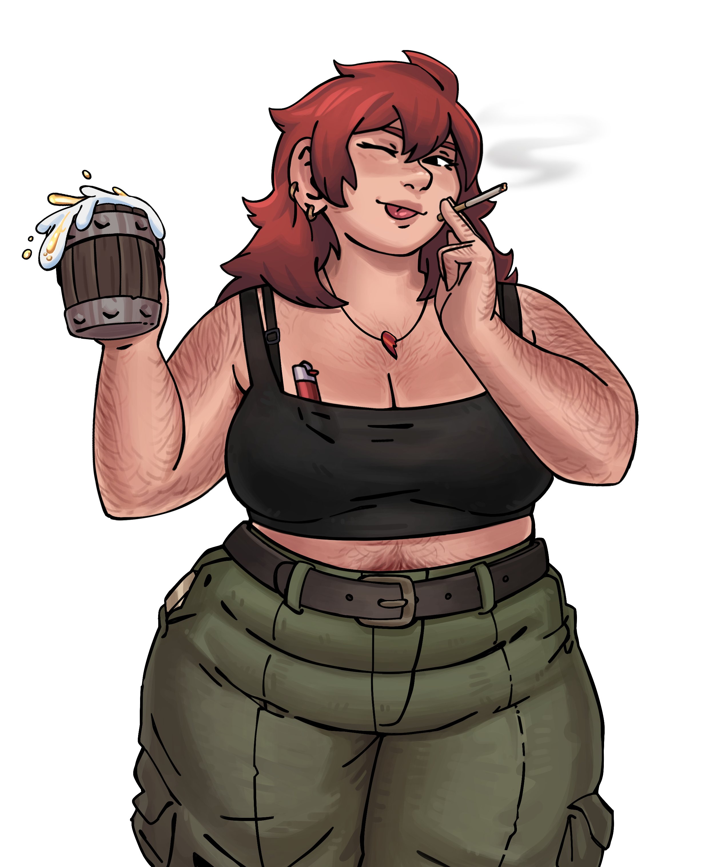 arm hair, armpit hair, body hair, chest hair, drinking, dungeon meshi, dwarf, dwarf female, earings, female, female chest hair, happy trail, namari (dungeon meshi), red hair, smoking, tongue out, visible bra, viviancore, winking