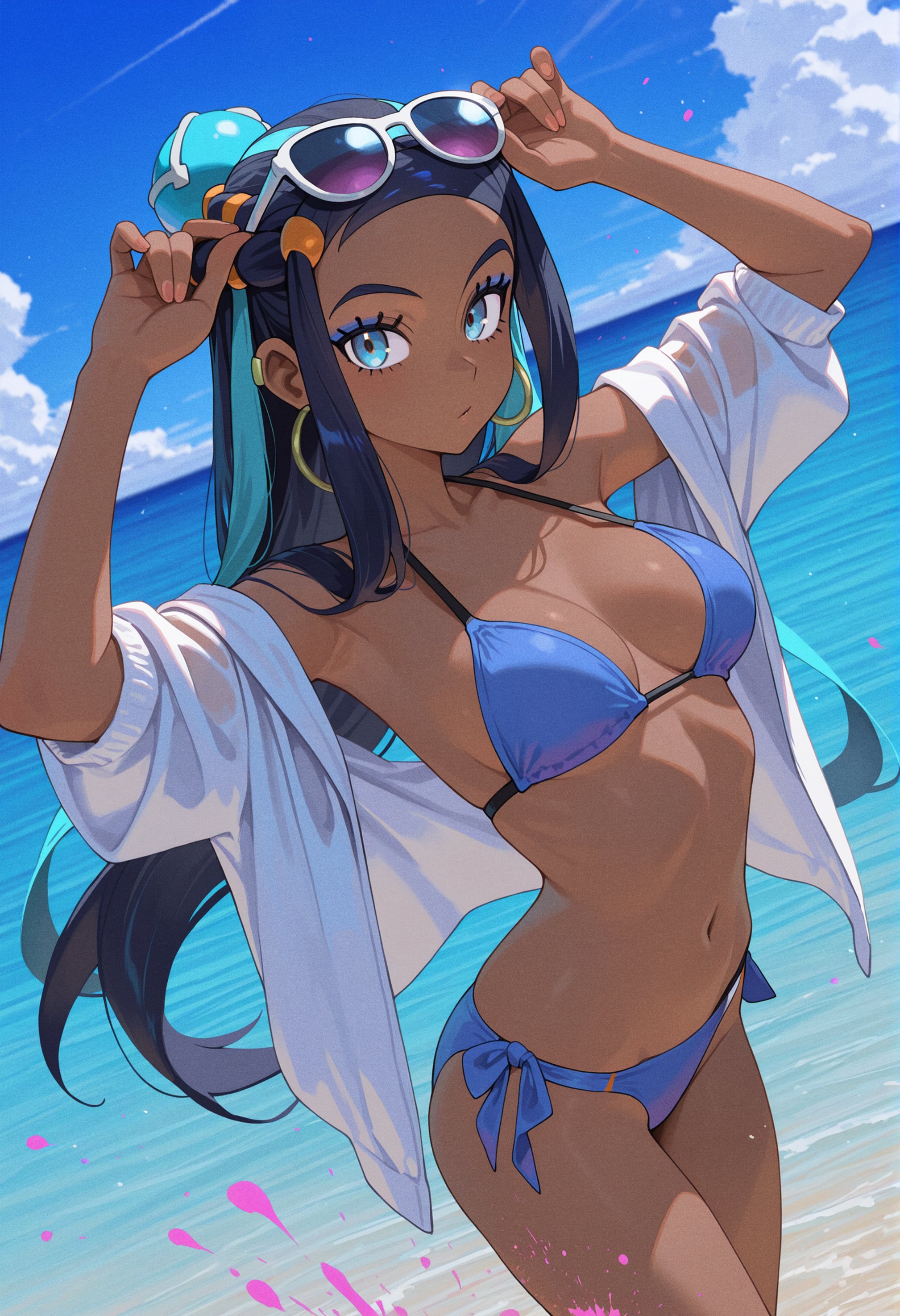 1girls, ai generated, armpits, arms up, bikini, black hair, blue bikini, blue eyes, blue hair, blue sky, breasts, dark skin, earrings, eyeliner, eyeshadow, female, forehead, gym leader, hair bun, hoop earrings, jewelry, long hair, looking at viewer, makeup, medium breasts, multicolored hair, navel, nessa (pokemon), ocean, owari wan, pokemon ss, side-tie bikini, sky, solo, string bikini, swimsuit, two-tone hair