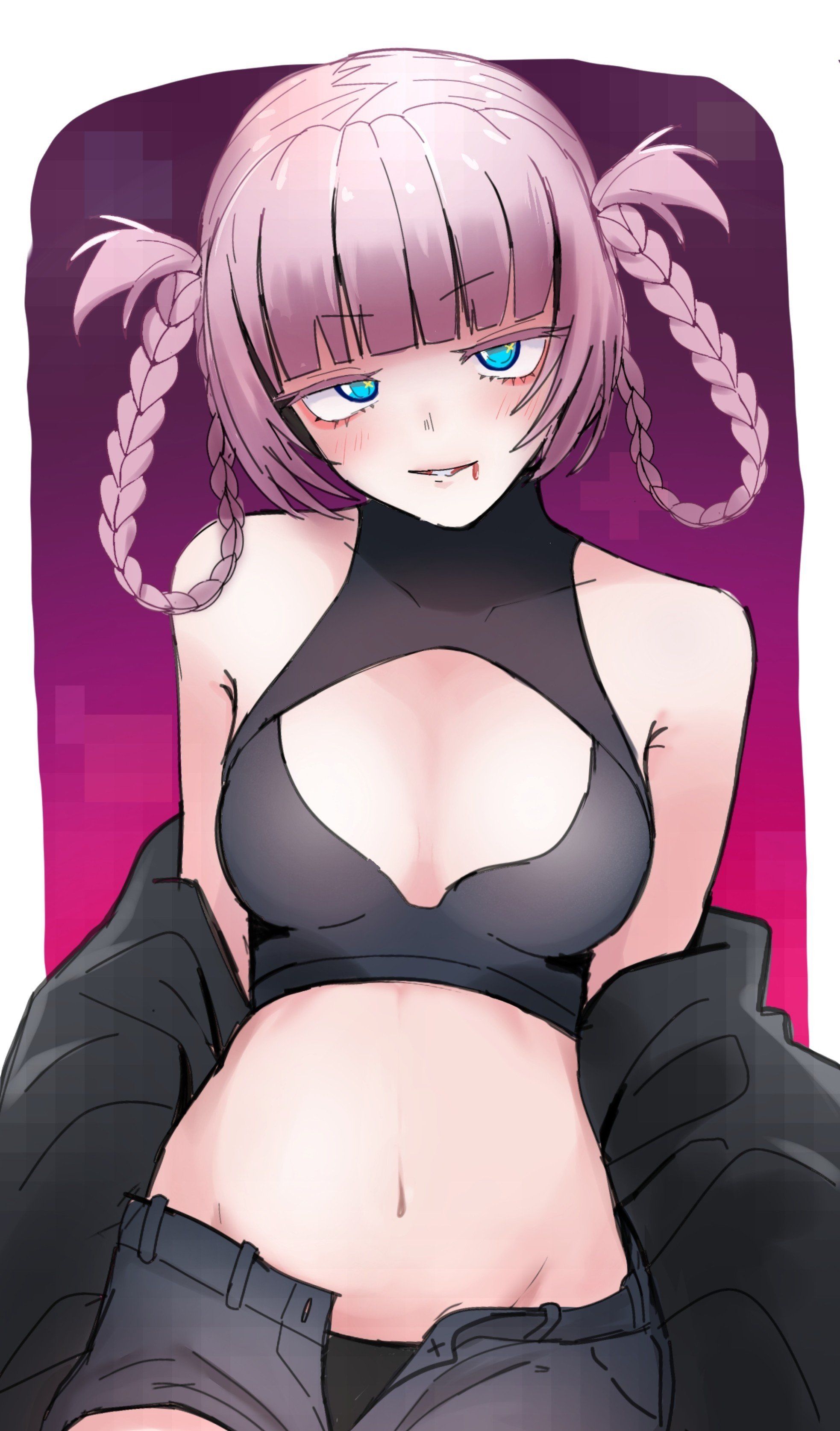 1girls, 2d, 2d (artwork), 2d artwork, adult, adult female, anime, anime character, asian, asian girl, asian woman, background, belly, belly button, black coat, black jacket, blue eyes, blue-eyed female, blunt bangs, braid, braided hair, braided pigtails, braids, breasts, call of the night, coat, collarbone, digital, digital art, digital drawing, digital drawing (artwork), digital media, digital media (artwork), drawing, eyebrows visible through hair, fanart, female, female focus, female only, female protagonist, fingernails, from front, front view, gradient background, grey hair, grey-haired female, head tilt, inguinal crease, inguinal ligament, jacket, japanese, japanese female, japanese woman, lean figure, lidenfilms, looking at viewer, maikurorensu, manga character, mature, mature female, midriff, multicolored background, nail polish, nails, nanakusa nazuna, narrow waist, navel, off shoulder, open coat, open jacket, parted lips, petite, petite body, petite breasts, petite female, petite girl, petite tits, pink background, pink hair, pink hair female, pink-haired female, plain background, portrait, purple background, sfw, shoulders, slender body, slender waist, slim female, slim waist, small boobs, small breasts, small tits, smile, smiley face, smiling, smiling at viewer, solo, tilted head, tiny breasts, tiny tits, top view, twin braids, two-tone background, upper body, vampire, vampire girl, yofukashi no uta