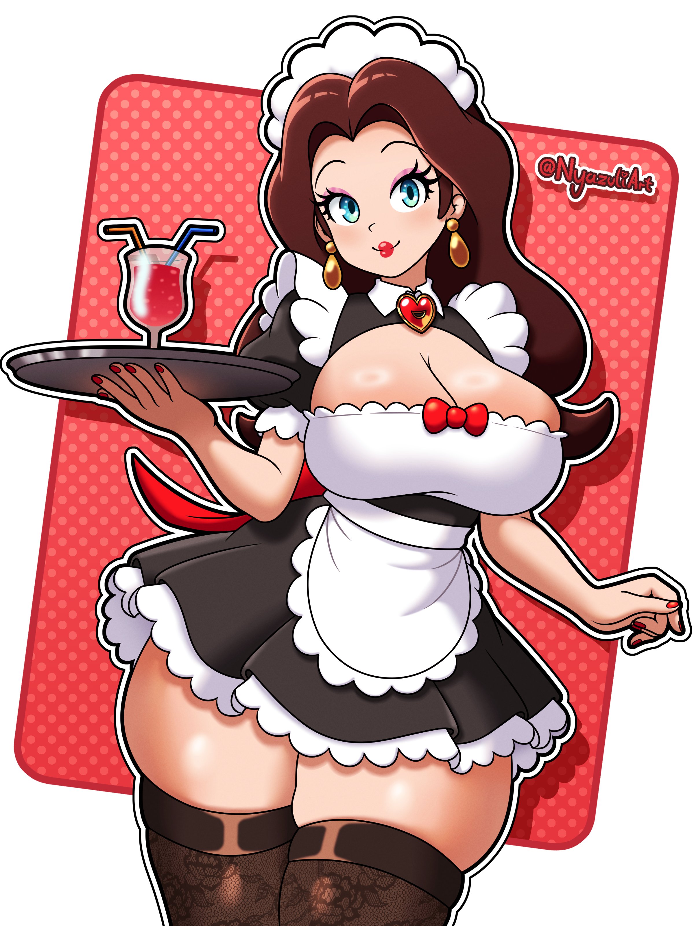 absurdres, artist name, black thighhighs, blue eyes, blush, bow, bowtie, breasts, brown hair, cleavage, cleavage cutout, clothing cutout, commentary, dress, earrings, english commentary, eyeshadow, female, highres, jewelry, large breasts, lazuli witch, light blush, long hair, looking at viewer, maid, maid headdress, makeup, mario (series), nintendo, nyazuliart, pauline, red bow, red bowtie, red nails, shiny skin, short sleeves, solo, solo focus, thick thighs, thighhighs, thighs, tray