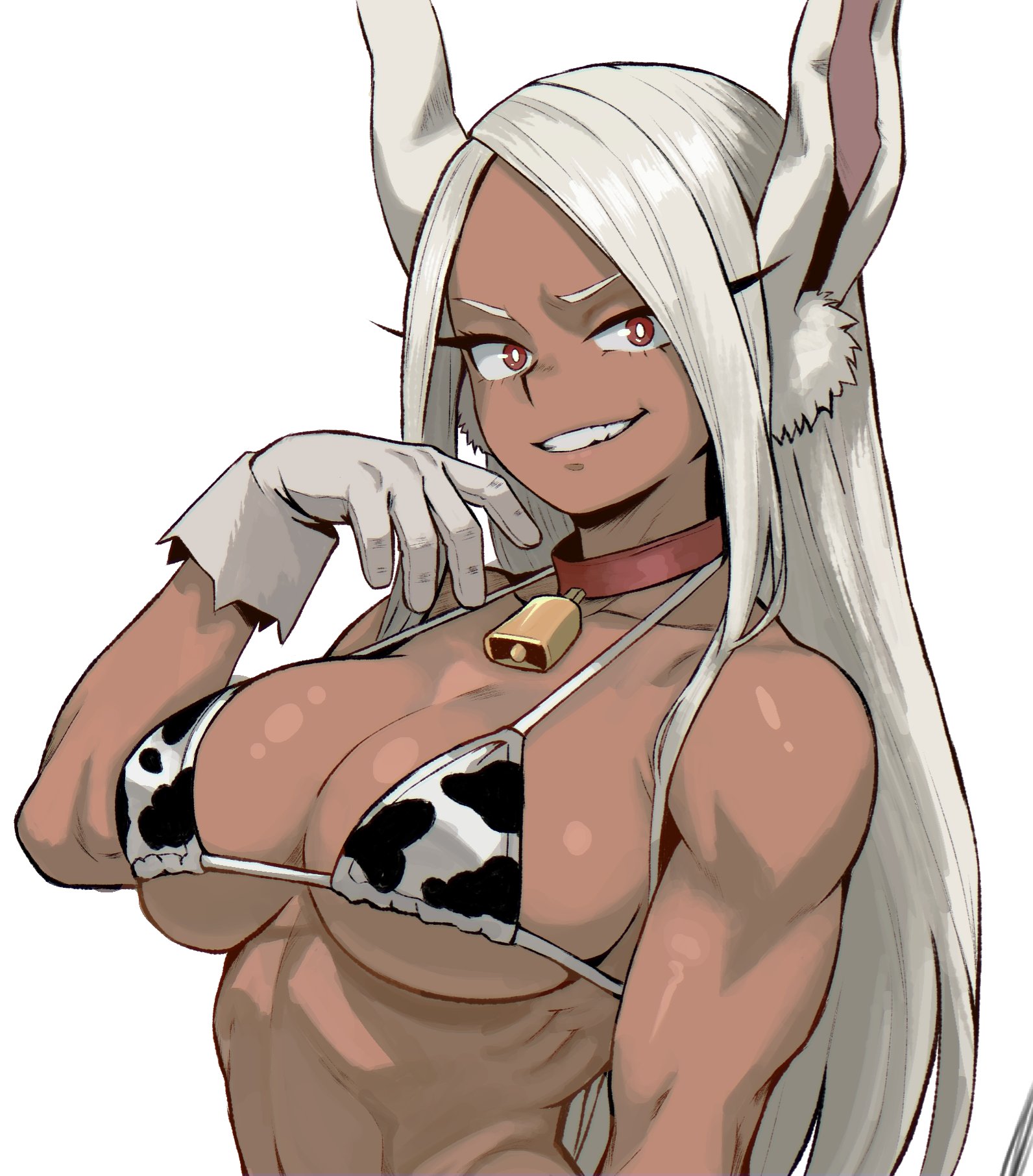 animal ears, animal print, bikini, black bikini, boku no hero academia, breasts, brown eyes, cow print, cow print bikini, enji masterpie, female, grey hair, highres, large breasts, long hair, mirko, miruko, multicolored bikini, my hero academia, print bikini, rabbit ears, rabbit girl, simple background, smirk, solo, swimsuit, two-tone bikini, upper body, white background, white bikini