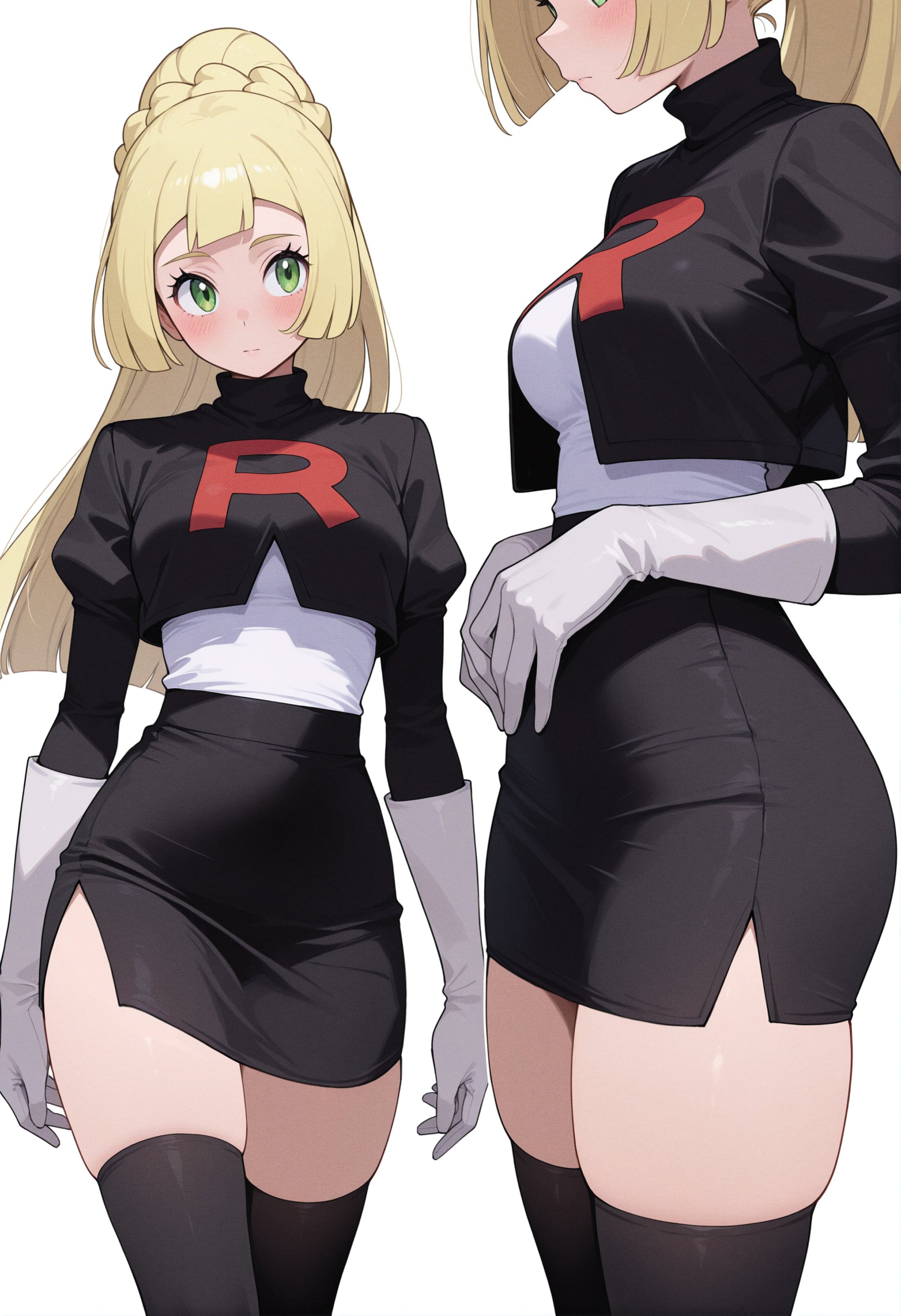 1girls, ai generated, black legwear, black skirt, blonde hair, blush, breasts, closed mouth, corruption, elbow gloves, enemy conversion, female, gloves, green eyes, lillie (pokemon), long hair, long sleeves, looking at viewer, miniskirt, nintendo, owari wan, pencil skirt, pokemon, pokemon sm, ponytail, skirt, team rocket, team rocket uniform, thighhighs, white background, zettai ryouiki