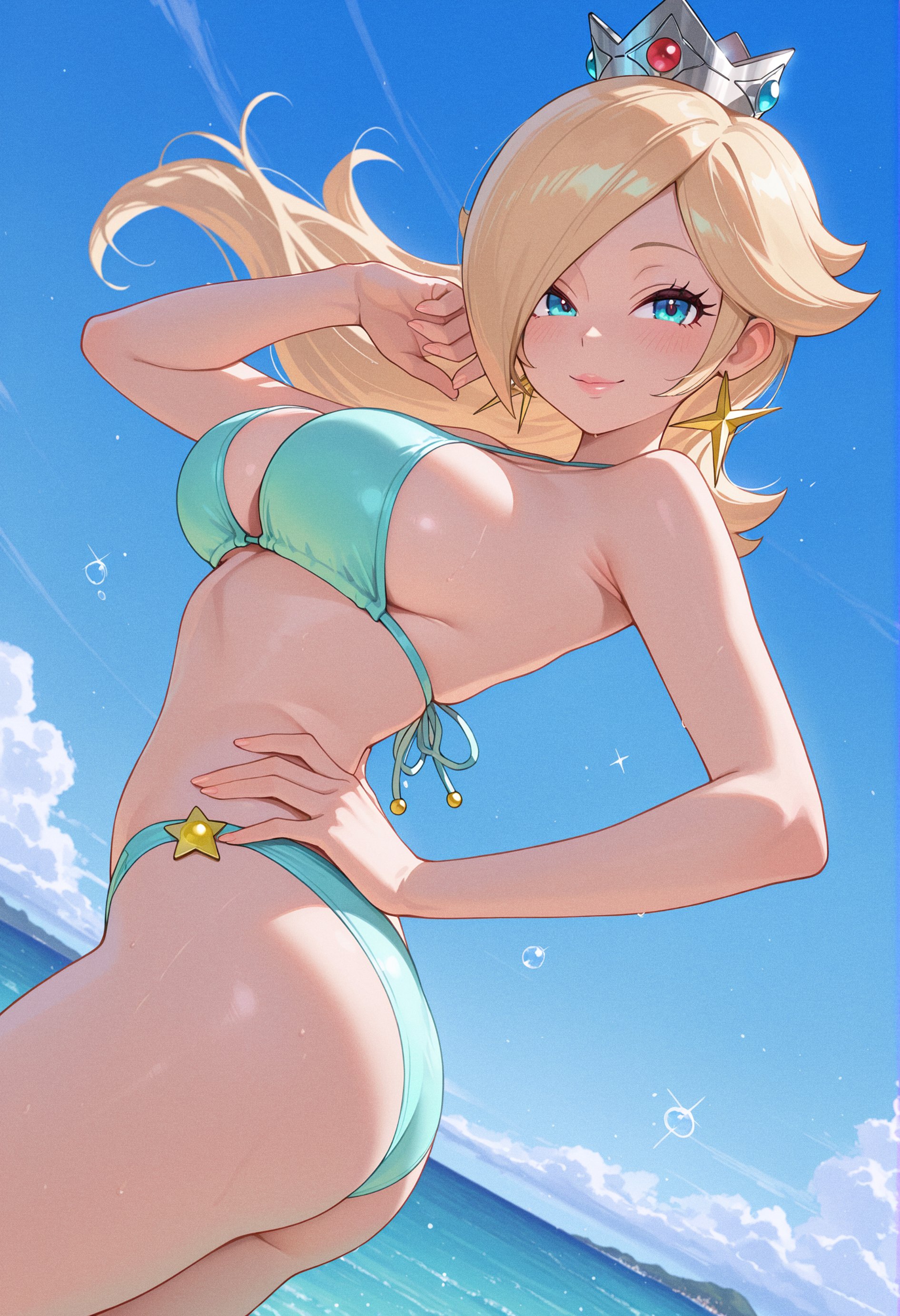1girls, ai generated, aqua bikini, ass, bangs, bare shoulders, beach, bikini, blonde hair, blue eyes, blue sky, breasts, cloud, cowboy shot, crown, day, earrings, female, gem, green bikini, hand on hip, jewelry, large breasts, lips, long hair, looking at viewer, mario (series), ocean, outdoors, owari wan, princess rosalina, rosalina, sky, smile, solo, star (symbol), star earrings, super mario galaxy, swimsuit, twisted torso, water