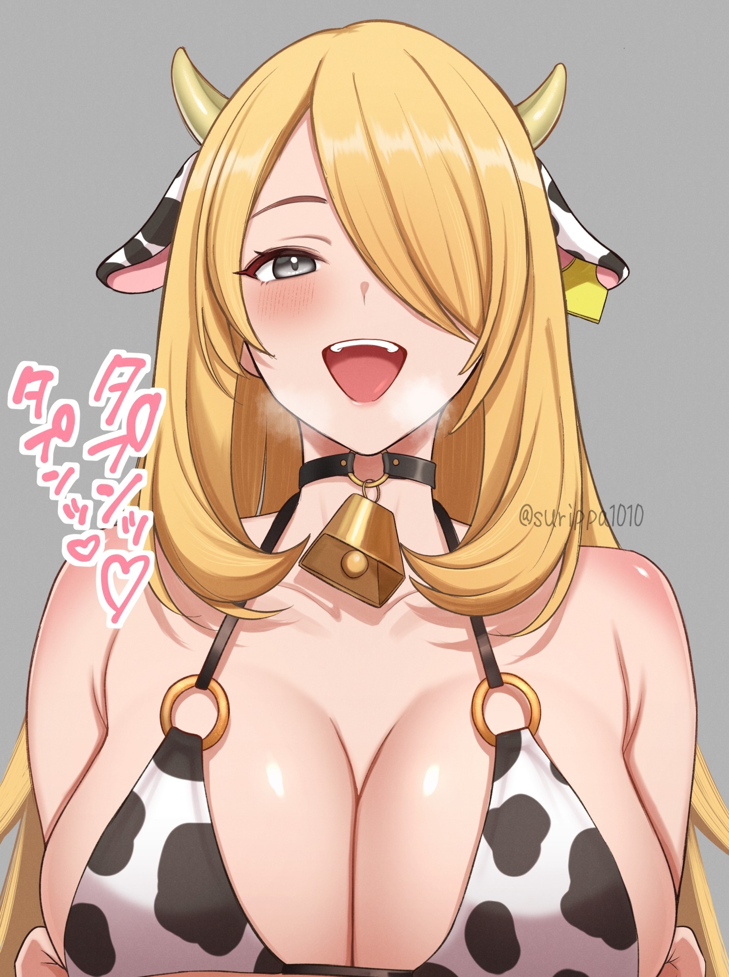 animal ears, animal print, bare arms, bikini, blonde hair, blush, bow, bowtie, breasts, cleavage, collarbone, commentary request, cow ears, cow horns, cow print, cow print bikini, cynthia (pokemon), female, grey background, grey eyes, hair over one eye, highres, horns, large breasts, long hair, looking at viewer, o-ring, open mouth, pokemon, print bikini, sidelocks, simple background, smile, solo, surippa1010, swimsuit, teeth, twitter username, upper body, upper teeth only