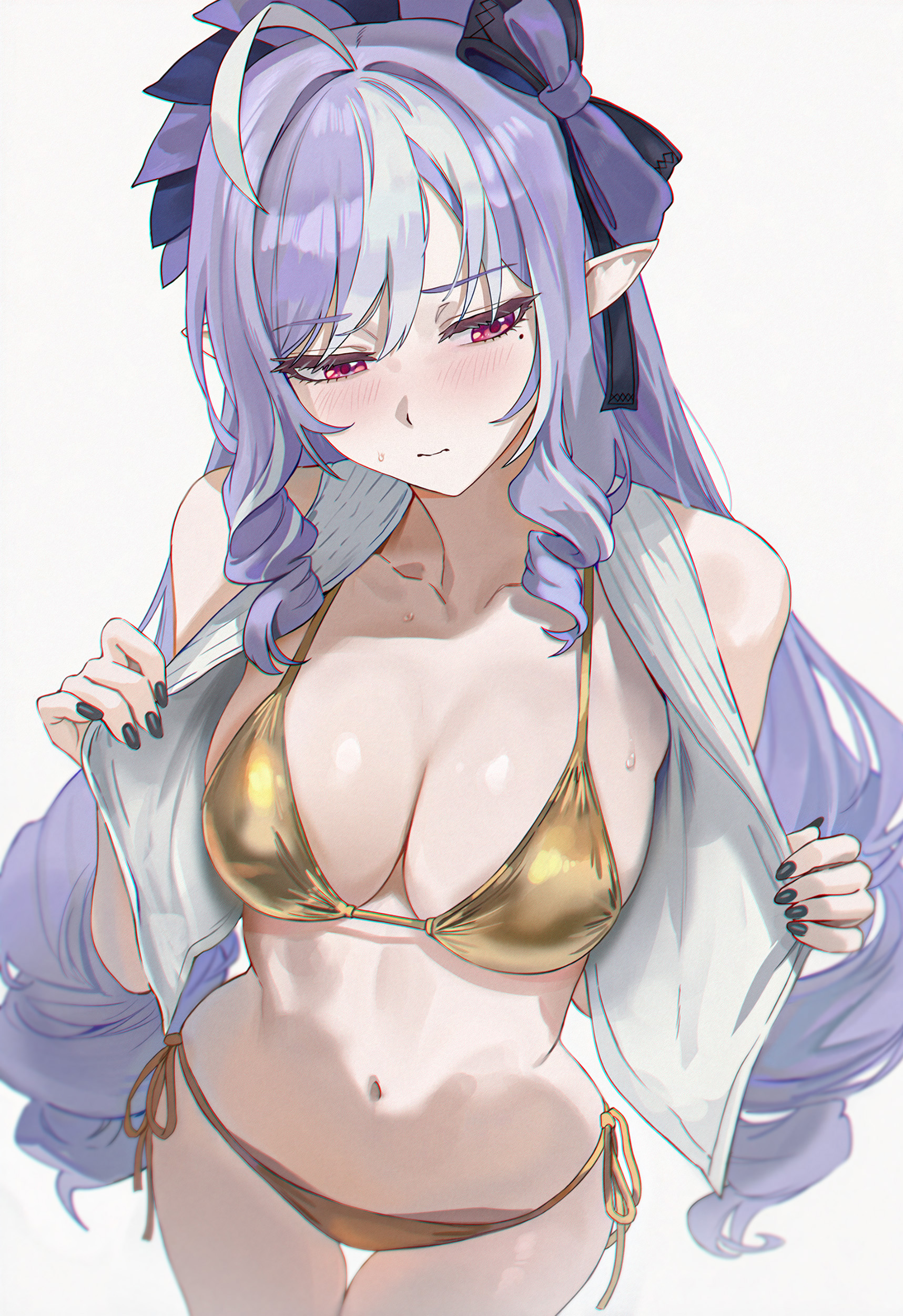 absurdres, ahoge, ai generated, amiki yuzuru, bikini, black nails, blush, bow, breasts, collarbone, commentary, drill hair, drill sidelocks, embarrassed, english commentary, female, female only, foreshortening, gold bikini, highres, large breasts, long hair, mole, mole under eye, multicolored hair, navel, open clothes, open shirt, pointy ears, purple hair, red eyes, shirt, side-tie bikini bottom, sidelocks, solo, standing, streaked hair, sweat, swimsuit, thigh gap, two-tone hair, vivian banshee, white background, zenless zone zero