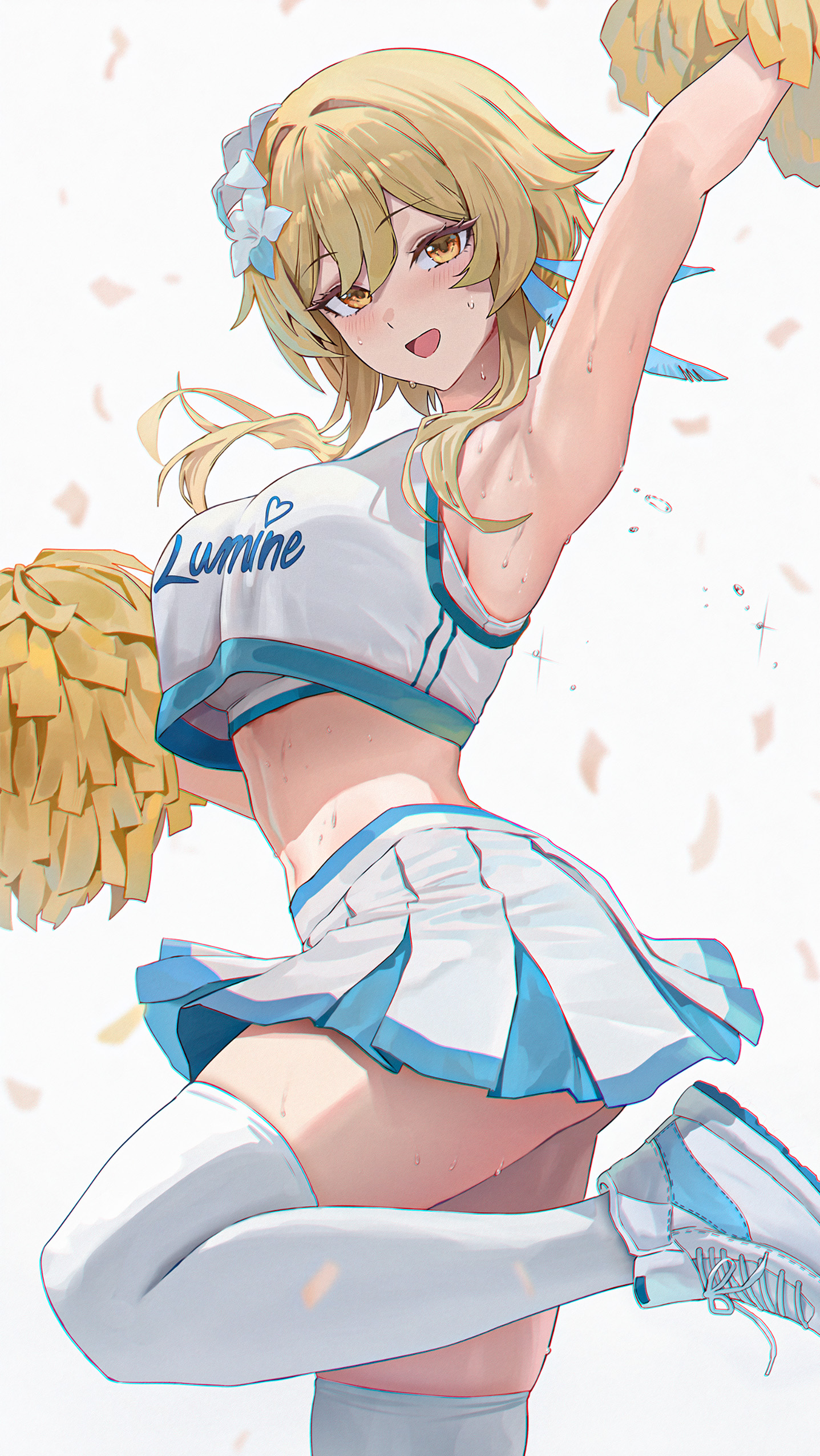 absurdres, ai generated, alternate costume, amiki yuzuru, arm up, armpits, blonde hair, breasts, character name, cheerleader, commentary, earrings, english commentary, feather earrings, feathers, female, flower, genshin impact, hair flower, hair ornament, highres, holding, holding pom poms, inteyvat flower (genshin impact), jewelry, linea alba, looking at viewer, looking to the side, lumine (genshin impact), medium breasts, midriff, navel, open mouth, pleated skirt, pom pom (cheerleading), pom poms, shirt, shoes, short hair with long locks, sidelocks, simple background, skindentation, skirt, solo, standing, standing on one leg, stomach, white background, white shirt, white shoes, white skirt, yellow eyes