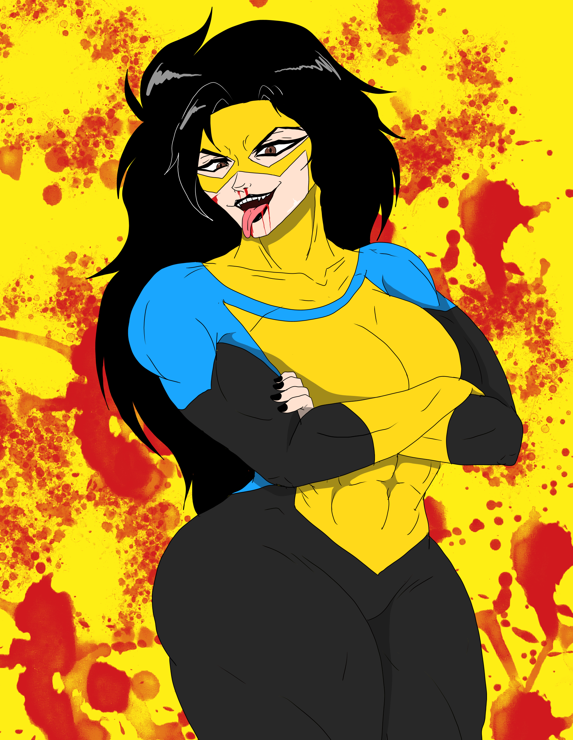 abs, black hair, black lipstick, blood, brown eyes, clothed, clothing, female, female only, femvincible, genderswap, genderswap (mtf), hair, invincible, invincible (comics), invincible (tv series), mark grayson, mask, masked female, muscular, muscular female, no goggles mark (invincible), nosebleed, open mouth, open smile, rule 63, smile, solo, standing, teeth, theicevirus, thick thighs, tongue, tongue out