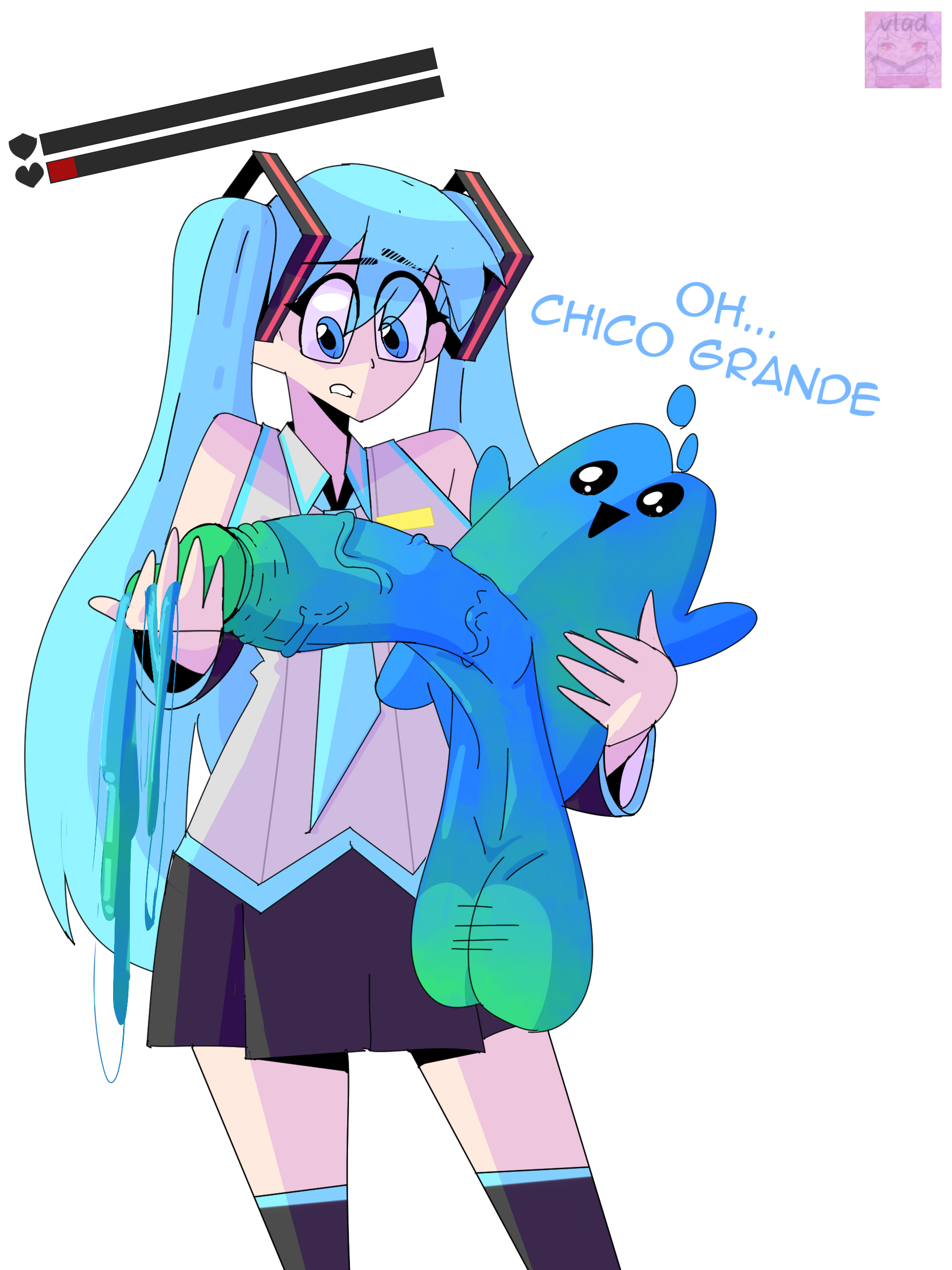 1boy, 1girl, 1girls, animal penis, balls, big balls, big penis, black skirt, blue eyes, blue hair, cowboy shot, detached sleeves, english text, female, fortnite, futanari, grey shirt, hatsune miku, holding, horse penis, huge penis, long hair, male, meme, necktie, parallel vlad, penis, pleated skirt, sex toy, shirt, skirt, sleeveless shirt, small but hung, solo, spanish text, sprite (fortnite), testicles, thighhighs, twintails, very long hair, vi wesker, water spirit, white background
