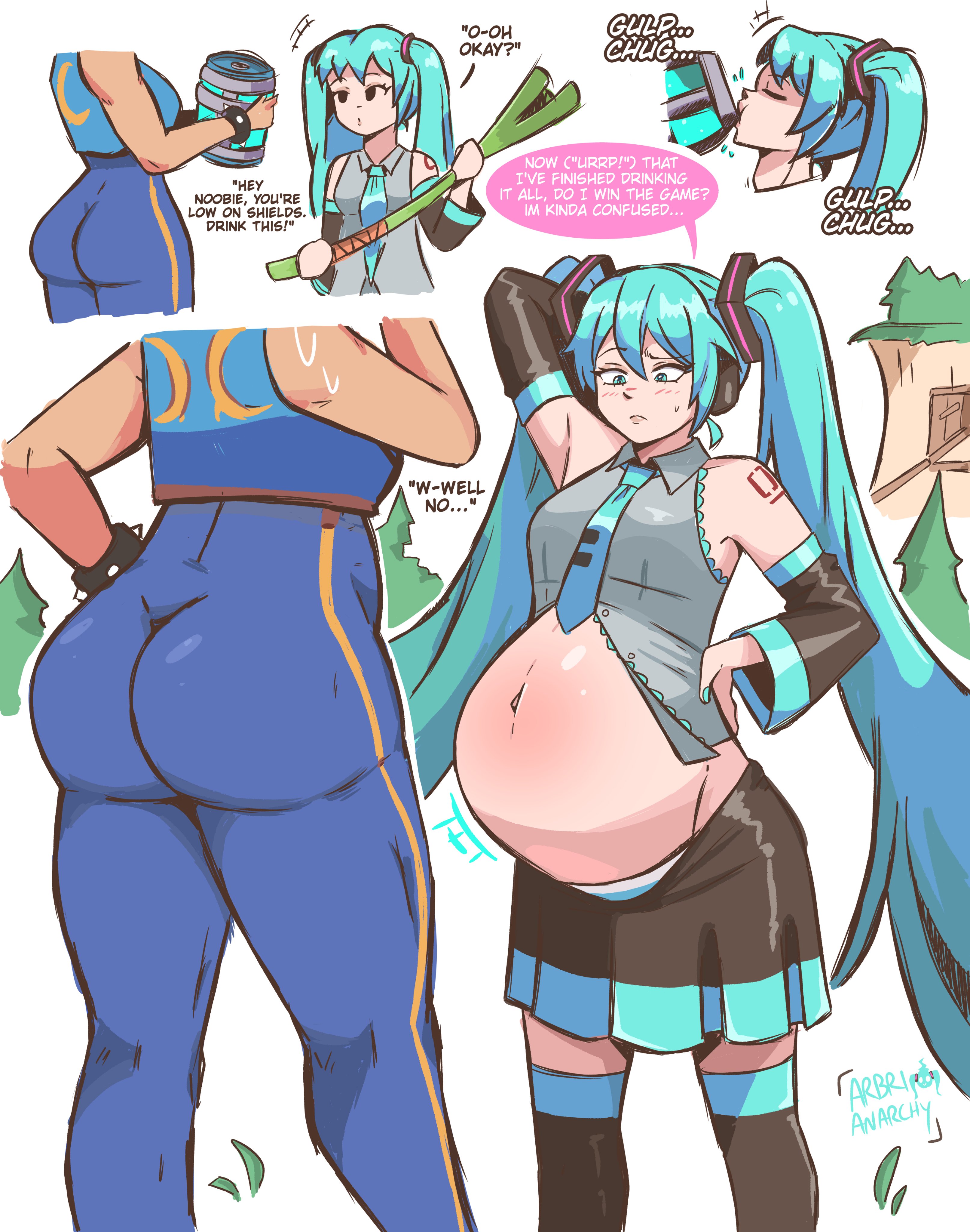 2girls, aqua eyes, aqua hair, arbrianarchy, ass, belly, belly blush, belly bulge, belly expansion, belly inflation, big belly, bracelet, breasts, button down shirt, button gap, chug jug, chun-li, chun-li (fortnite), comic, crossover, detached sleeves, english dialogue, english text, female, fortnite, hatsune miku, hatsune miku (fortnite), holding, inflated belly, inflation, jewelry, leek, long hair, multiple girls, navel, necktie, panties, pregnant, skirt, speech bubble, spring onion, street fighter, tagme, thighhighs, twintails, underwear, very long hair