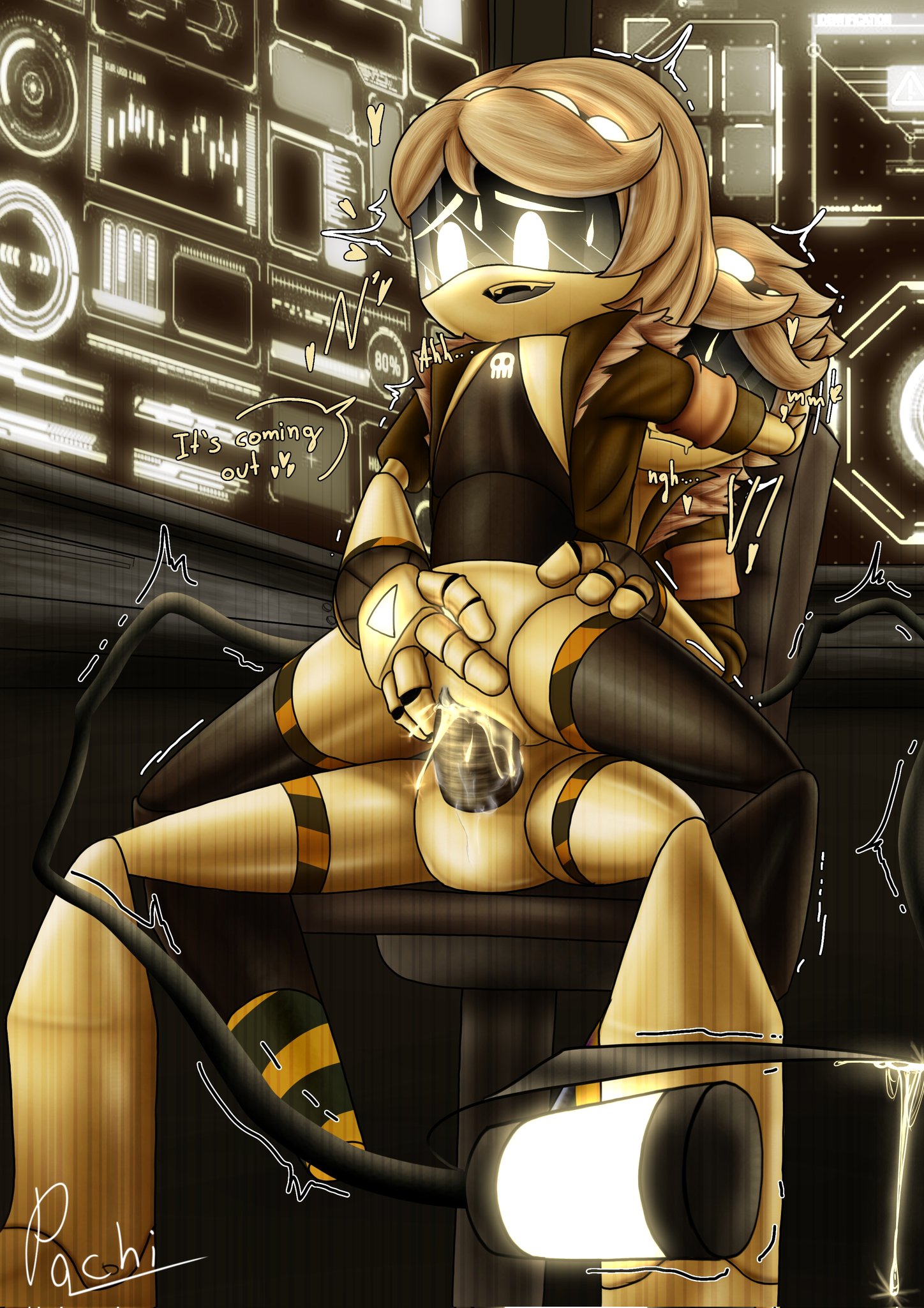 1boy, 1girls, accurate art style, accurate body type, artist name, artist signature, big penis, blush, blushing female, clothing, cowgirl position, cum, cum in pussy, cum inside, cum while penetrating, dialogue, envy (murder drones), female, glitch productions, heart, male, male/female, moaning, moaning in pleasure, murder drones, n (murder drones), pachinsfw, penis, penis in pussy, pussy, riding, riding penis, robot, robot boy, robot girl, robot humanoid, silver hair, sitting on chair, sitting on lap, sweatdrop, thrusting, thrusting into pussy, twitching, unzipped jacket, v (murder drones), yellow eyes