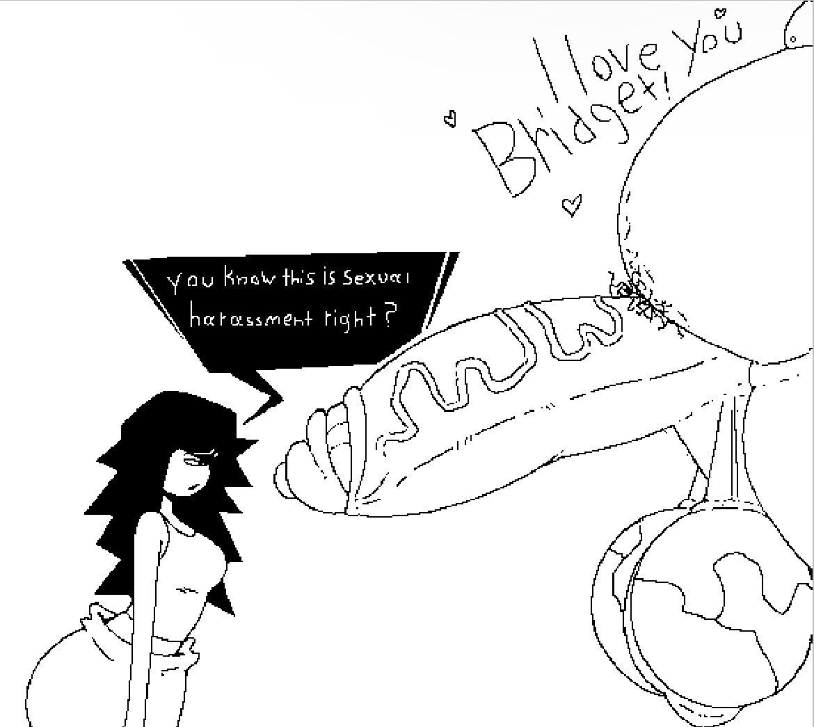 balls, big breasts, big penis, black hair, breasts, bridget (thata6a), fat belly, fat male, gigantic penis, hairy, heavy balls, huge breasts, huge cock, huge penis, male, penis, sexual harassment, text, uncensored, uncomfortable, varix