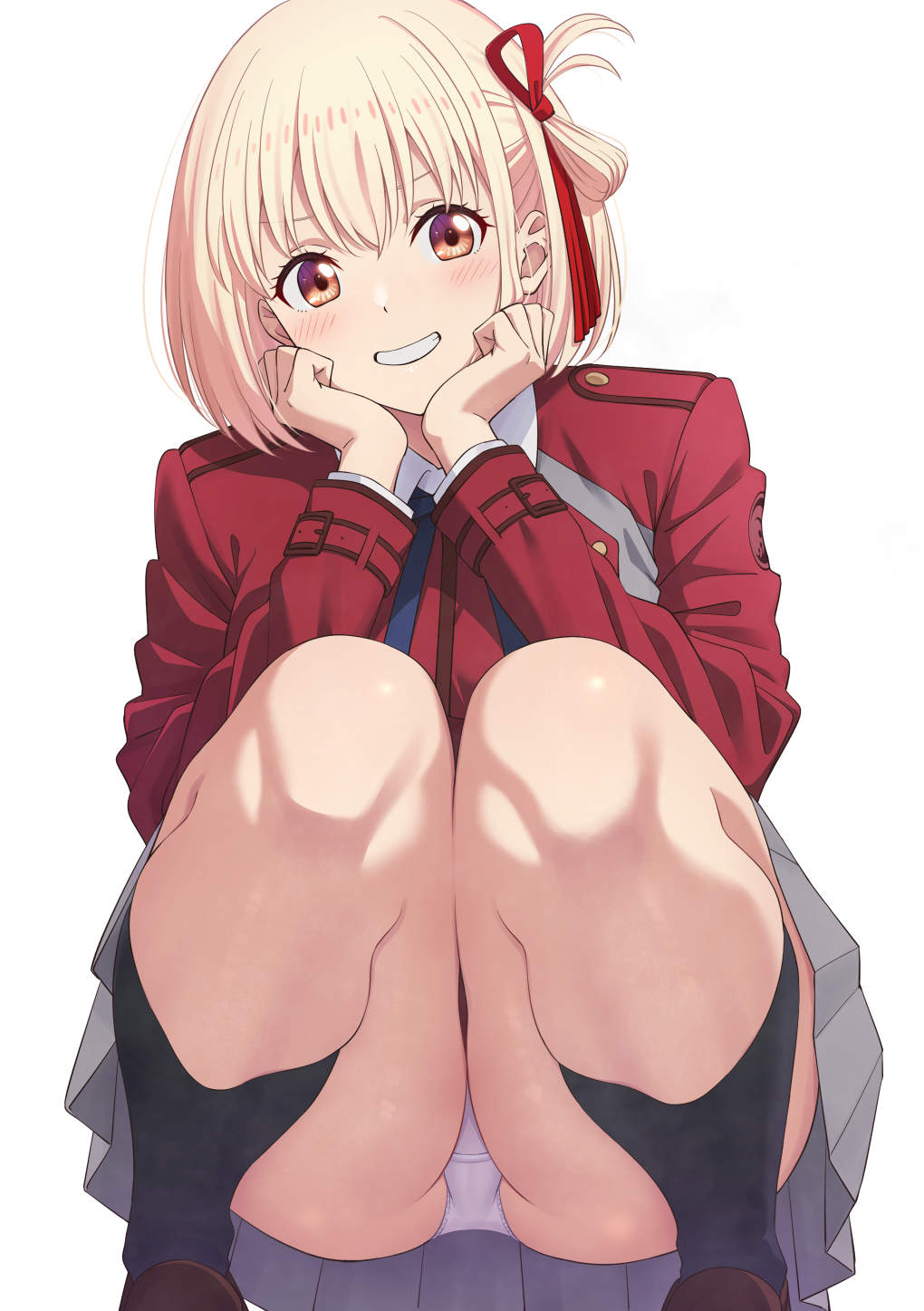 1girls, blonde hair, female, lycoris recoil, mibushiro, nishikigi chisato, panties, school uniform, short hair, squatting