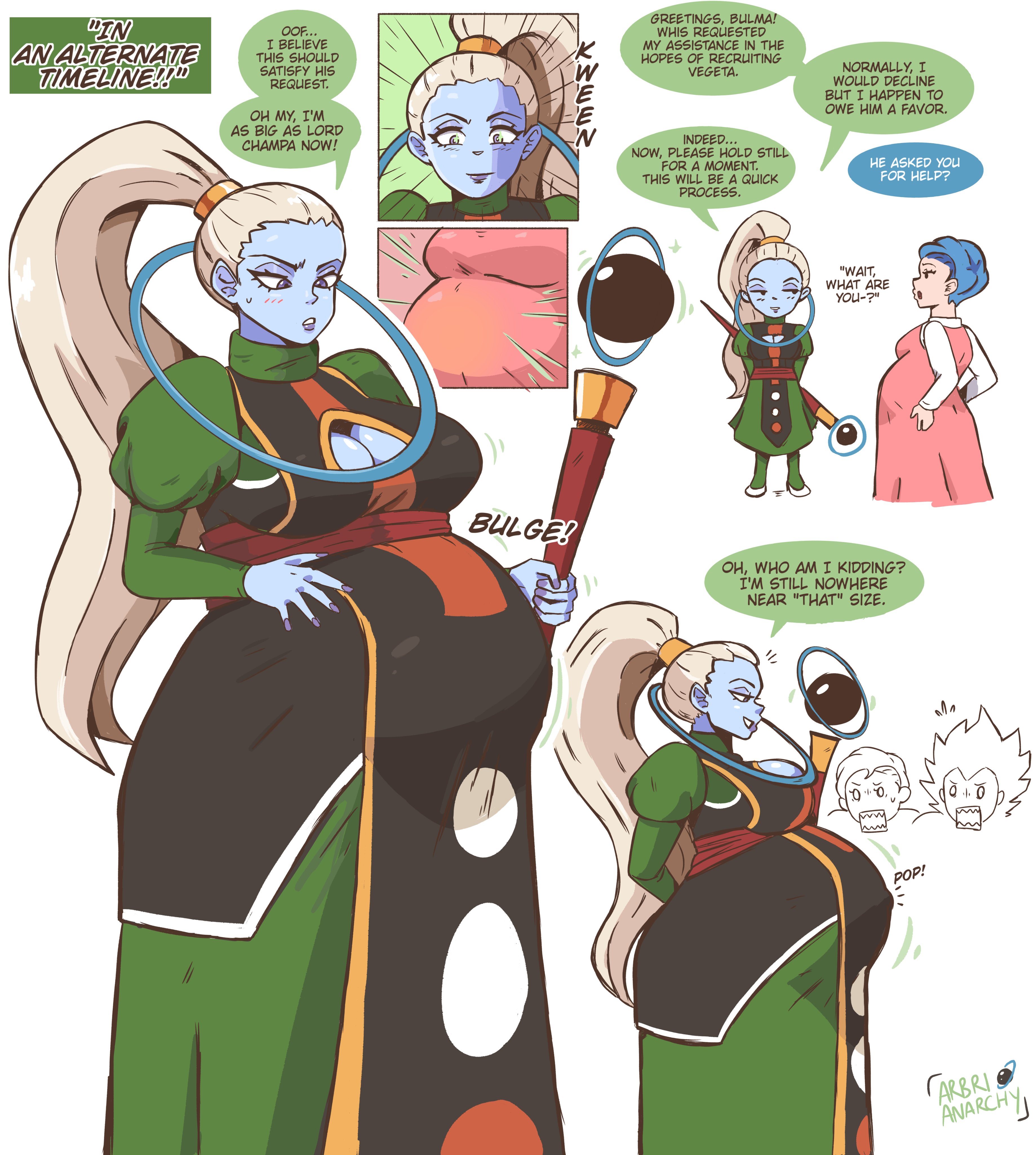 arbrianarchy, blue eyes, blue hair, bulma briefs, dragon ball, dragon ball super, english dialogue, english text, female, maternity clothes, maternity dress, pregnancy transfer, pregnant, pregnant female, solo, super belly, vados