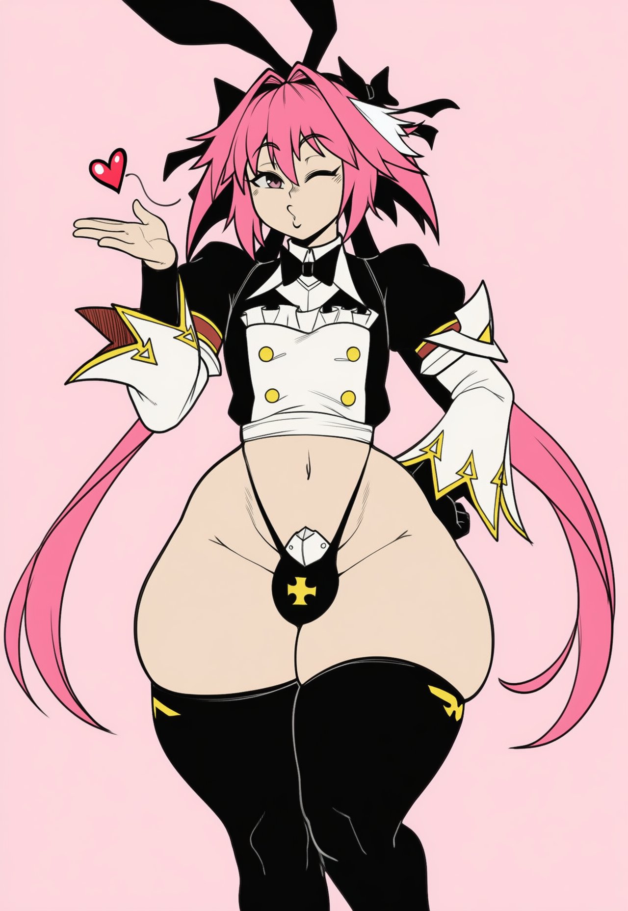 1boy, 1femboy, 2d, ai generated, animal ears, ass, astolfo (fate), big ass, big butt, big thighs, black bow, black bowtie, black gloves, black panties, black ribbon, black thighhighs, blowing kiss, blush, bow, bowtie, bulge, buttons, cock, crop top, fate (series), fate/grand order, femboy, gigigens, gloves, hair between eyes, hair intakes, hair ribbon, hairbow, hand on own hip, heart, highleg, highleg panties, large ass, large butt, large thighs, long hair, long sleeves, looking at viewer, male, male focus, male only, midriff, multicolored hair, navel, one eye closed, otoko no ko, panties, penis, pink background, pink hair, puckered lips, purple eyes, rabbit ears, ribbon, simple background, solo, solo male, streaked hair, thick ass, thick butt, thick thighs, thighhighs, thighs, thong, twintails, underwear, white hair, wide hips