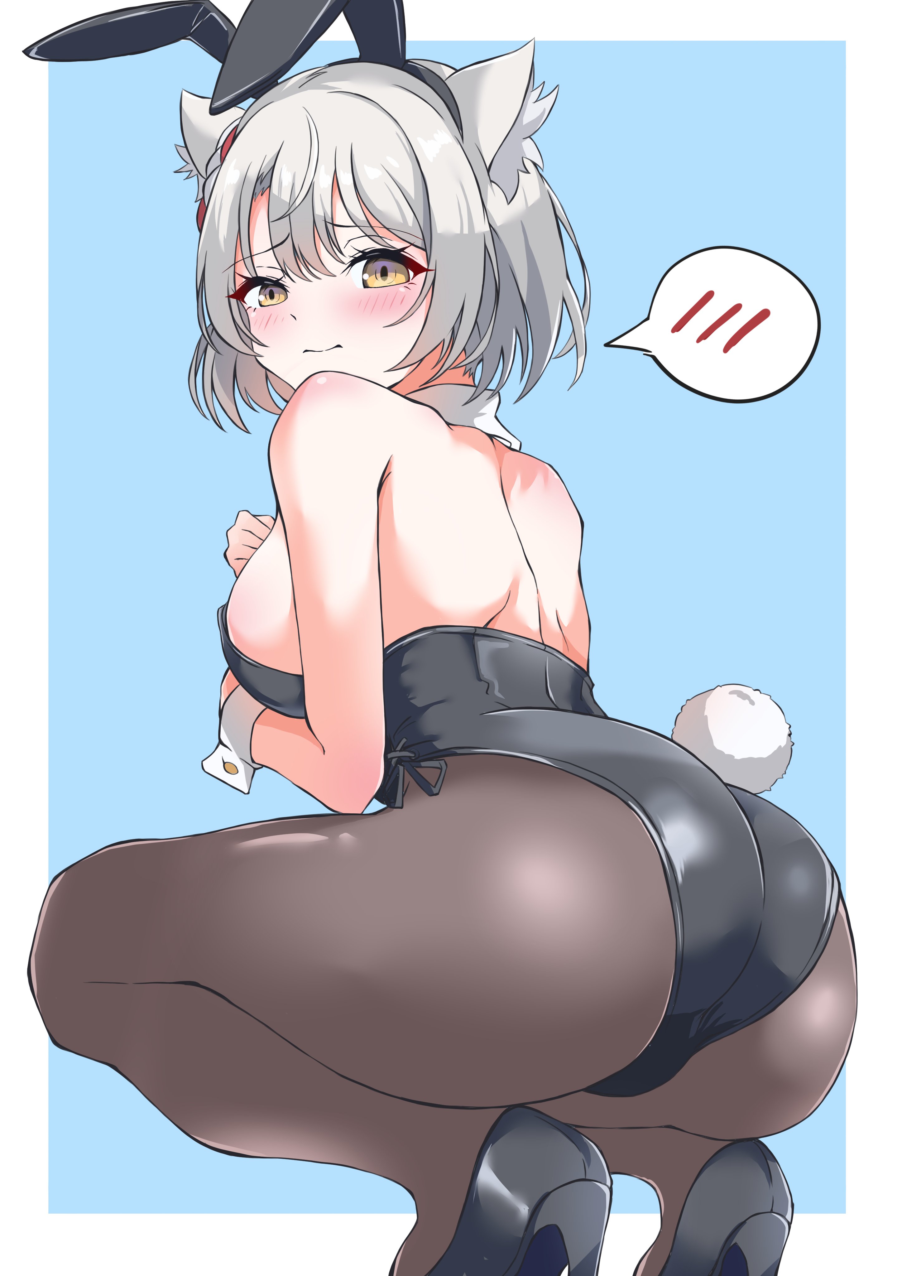1girls, ass, ass focus, bunny costume, bunny girl, bunny tail, bunnysuit, cat ears, cat girl, catgirl, embarrassed, female, green hair, heels, high heels, kneeling, mio (xenoblade), otama ladle23, short hair, xenoblade (series), xenoblade chronicles 3