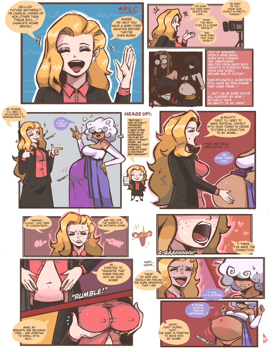 2girls, arbrianarchy, comic, english dialogue, english text, female, huge belly, maternity clothes, maternity dress, pregnancy transfer, pregnant, pregnant female