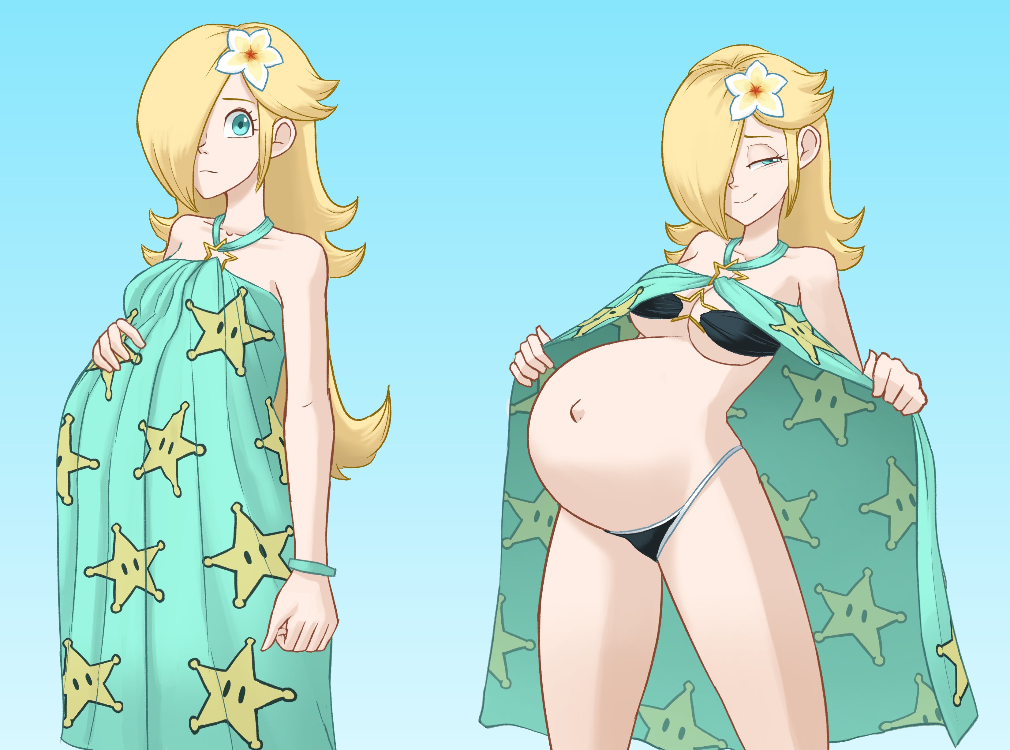 1girls, almeram02, alternate version at source, belly, big belly, bikini, blonde hair, blue eyes, female, female only, flashing, mario (series), maternity clothes, maternity dress, nintendo, outie navel, pregnant, princess rosalina, skimpy, solo, super belly