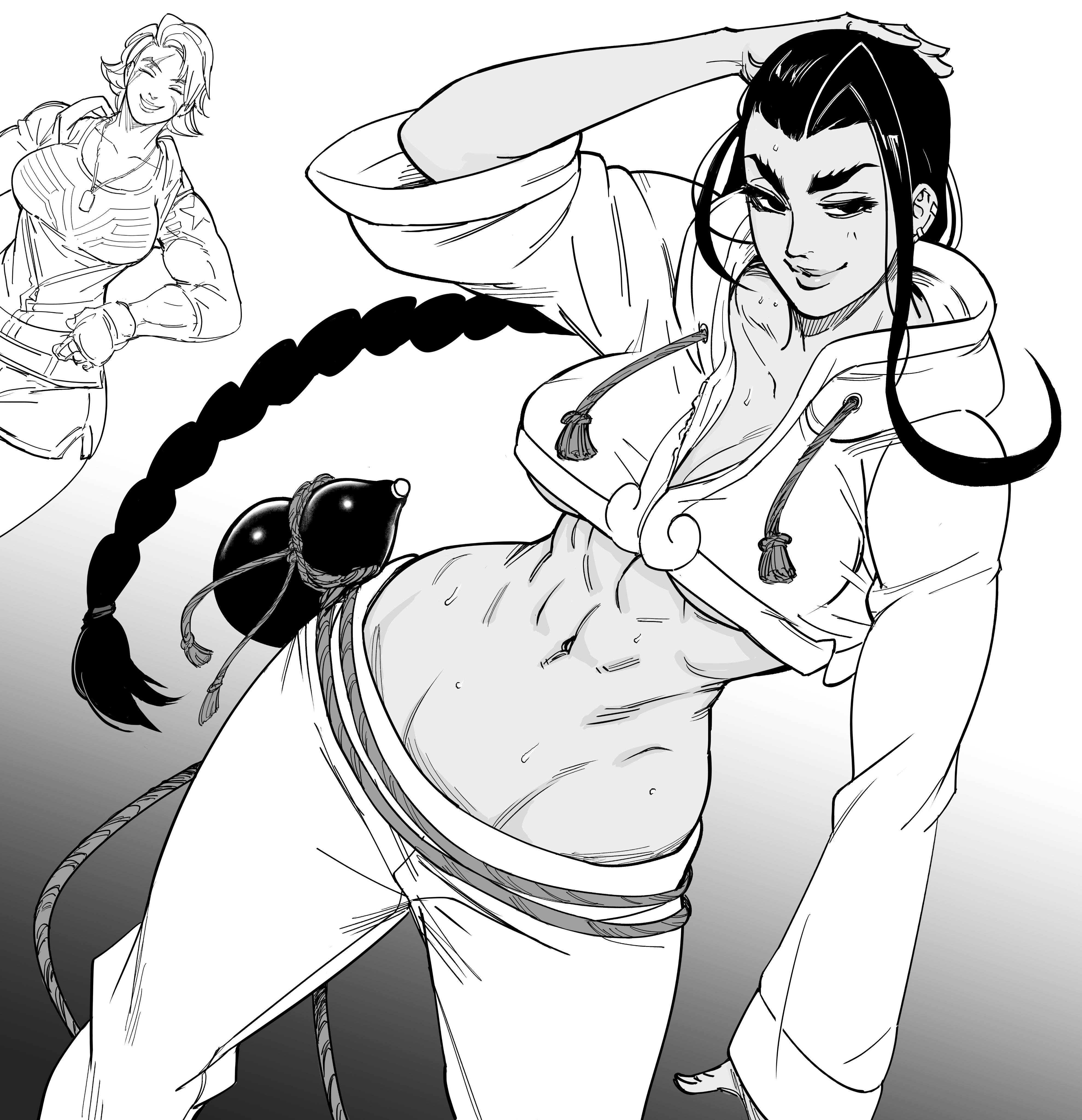 2girls, abs, asian, asian female, athletic female, bb (baalbuddy), braid, braided hair, braided ponytail, breasts, capcom, closed eyes, croptop, female, female only, fit female, genderswap, genderswap (mtf), jamie siu, light skin, light-skinned female, long hair, luke sullivan, mature female, multiple females, multiple girls, muscles, muscular, muscular female, rule 63, scars, scars all over, short hair, slender waist, solo focus, street fighter, street fighter 6, underboob, wide hips