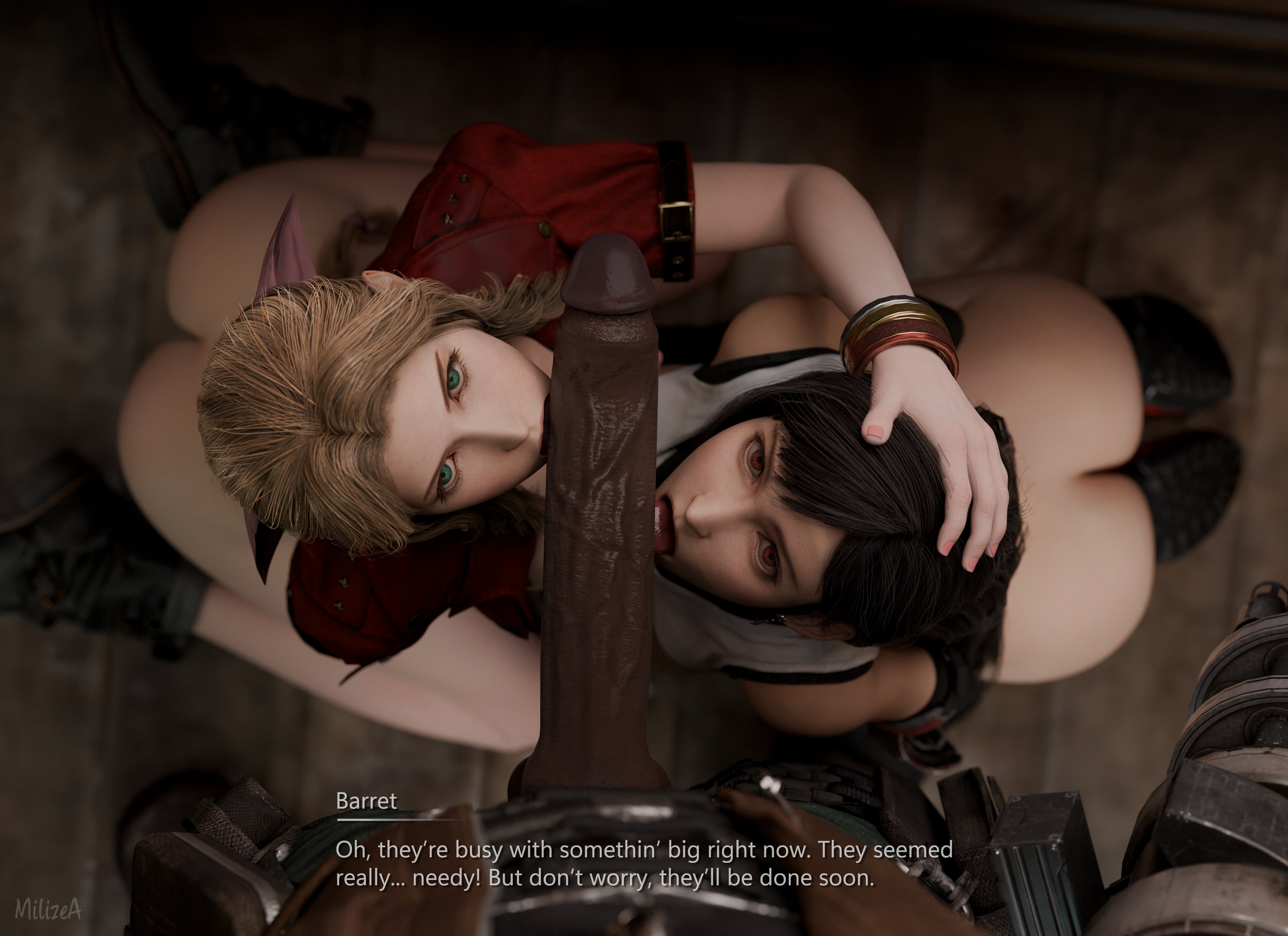 1boy, 2girls, 3d, aerith gainsborough, ass, assisted fellatio, barret wallace, big penis, black hair, brown hair, collaborative fellatio, dark skin, dark-skinned male, double fellatio, english text, fellatio, female, ffm threesome, final fantasy, final fantasy vii, from above, green eyes, huge cock, interracial, kneeling, male, milizeea, multiple females, multiple girls, partially clothed, penis, red eyes, robot girl, round ass, teamwork, threesome, tifa lockhart