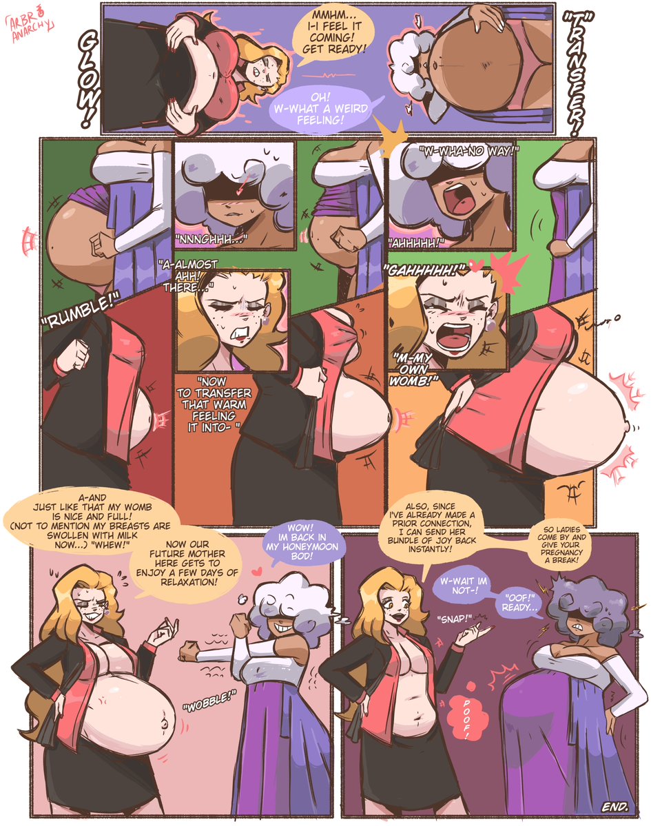 2girls, arbrianarchy, button pop, comic, english dialogue, english text, female, huge belly, maternity clothes, maternity dress, pregnancy transfer, pregnant, pregnant female