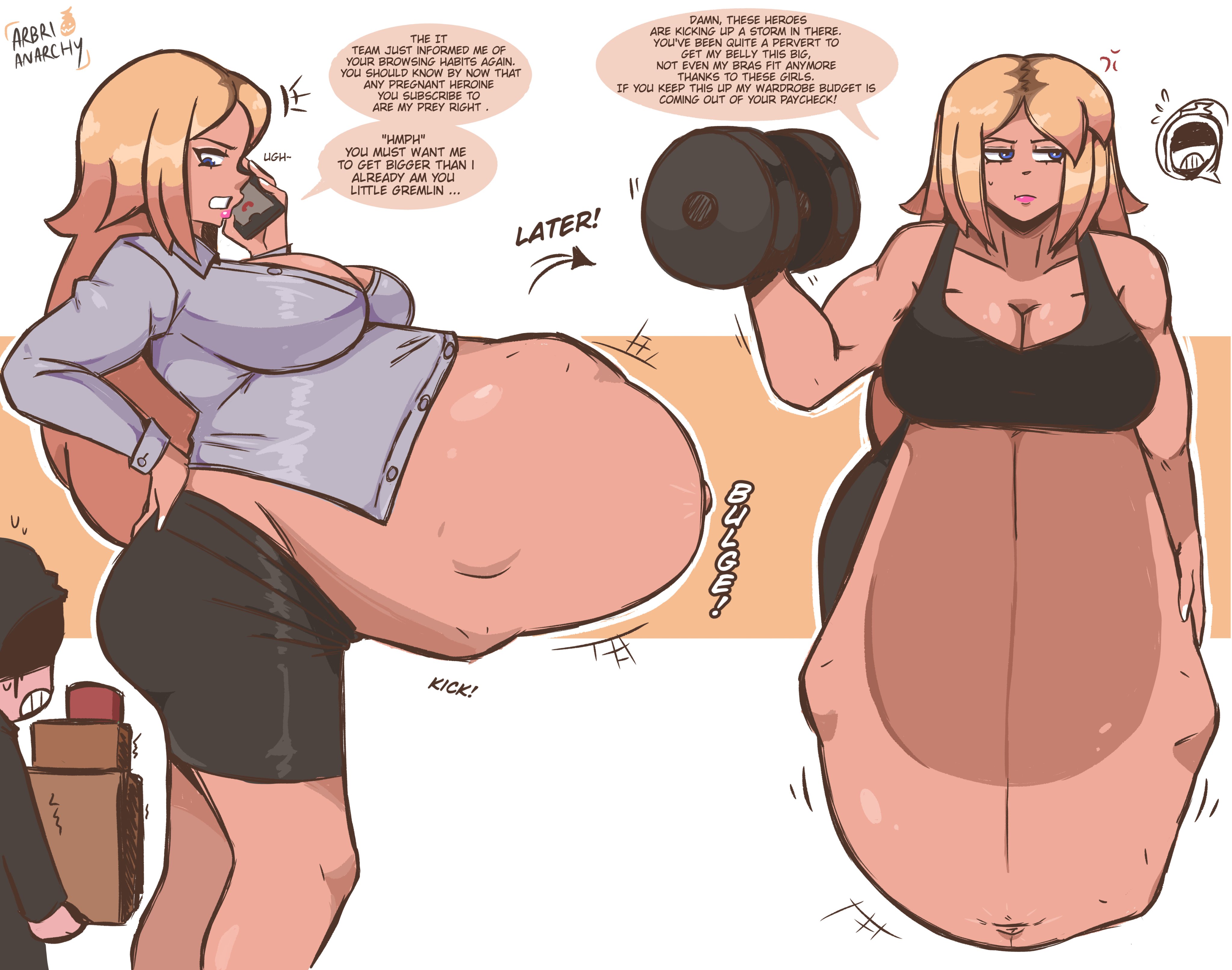 arbrianarchy, english text, female, female pred, female prey, huge belly, side view, vore, workout