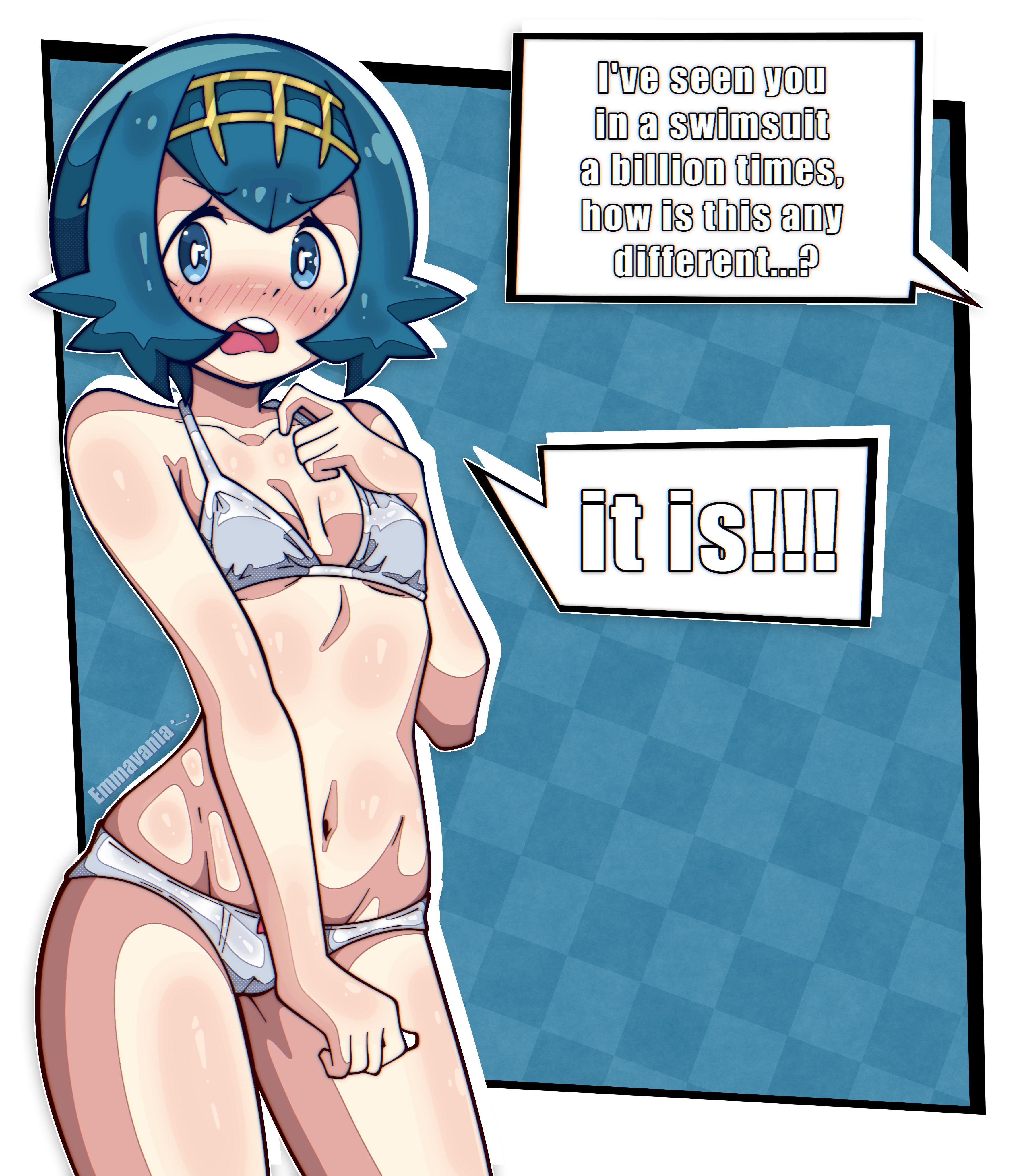 blue eyes, blue hair, blush, boo15 emma, bra, bubble text, cameltoe, cute, embarrassed, emmavania, female, female focus, female only, lana (pokemon), lingerie, looking at viewer, nintendo, panties, pokemon, pokemon sm, pussy, short blue hair, short hair, skinny, skinny female, text, trial captain, white bra, white panties