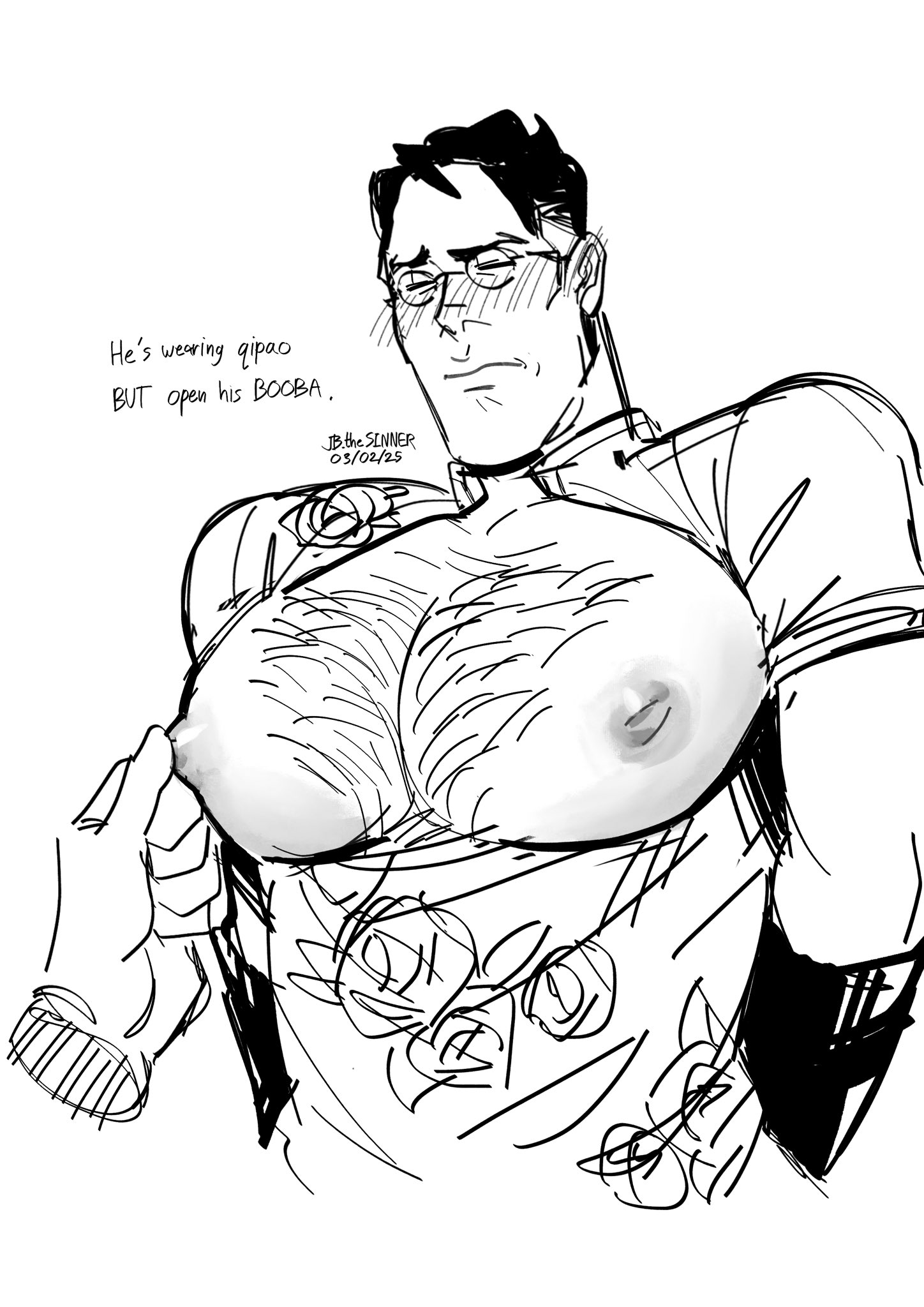bara, big pecs, big tits, blush, blushing profusely, boob window, breasts, chest hair, crossdressing, crossdressing male, dilf, embarrassed, fat tits, gay, huge pecs, jb the sinner, male, male only, masculine crossdresser, masculine male, mature male, medic (team fortress 2), middle aged, muscular, muscular chest, muscular male, nipple pinch, nipple play, nipple tweak, nipples, puffy nipples, qipao, shy, squeezing nipple, team fortress 2, yaoi