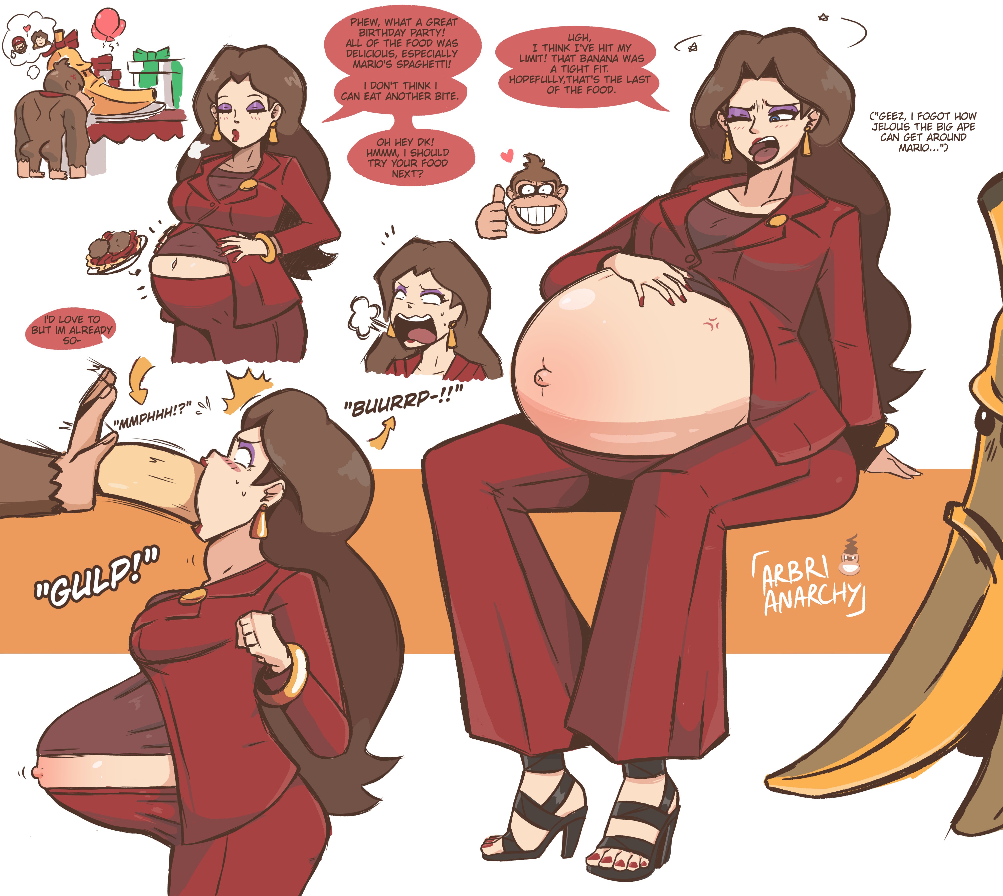 arbrianarchy, burp, burping, donkey kong, english dialogue, english text, female, full stomach, hand on belly, huge belly, hyper belly, mario (series), pauline, pauline (mario), stuffed belly, stuffing