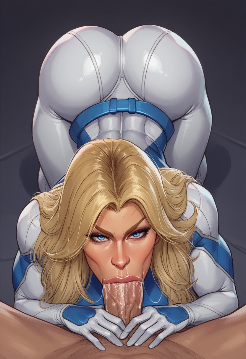 ai generated, ass, blonde hair, blowjob, bodysuit, deepthroat, fantastic four, fellatio, female, huge ass, invisible sex, invisible woman, invisible woman (marvel rivals), looking at viewer, marvel, marvel rivals, oral, pobodyznerf, pov, saliva, sue storm